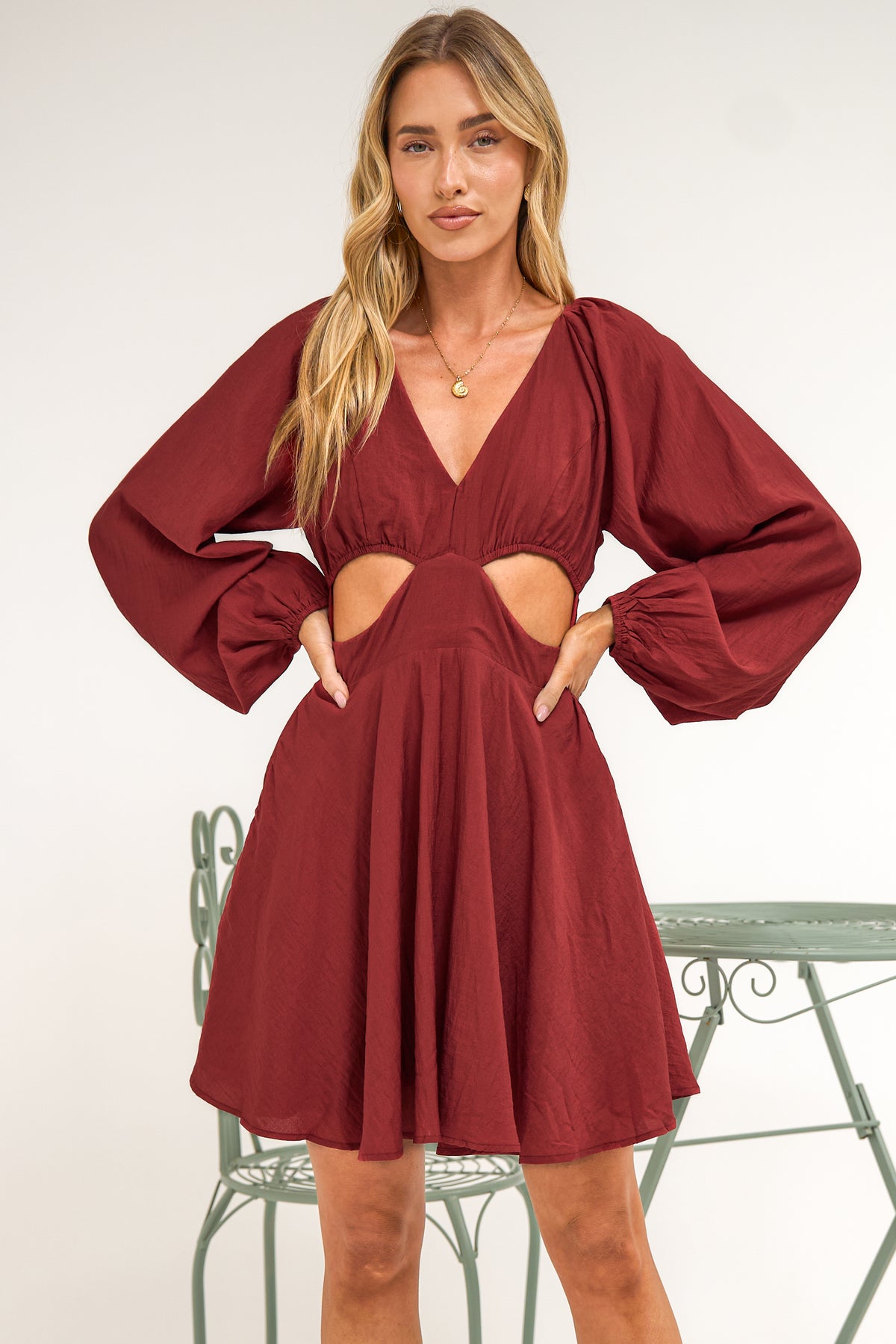 Isabeau Mini Dress - Cutout Waist Fit and Flare Dress with Long Balloon Sleeves in Wine