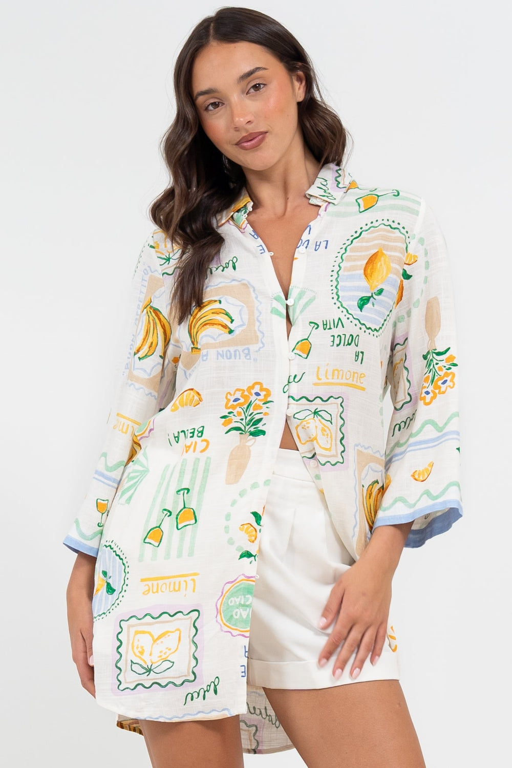 Isadora Mini Dress - Collared Button-Down Shirt Dress with Wide Sleeves in Limone Print