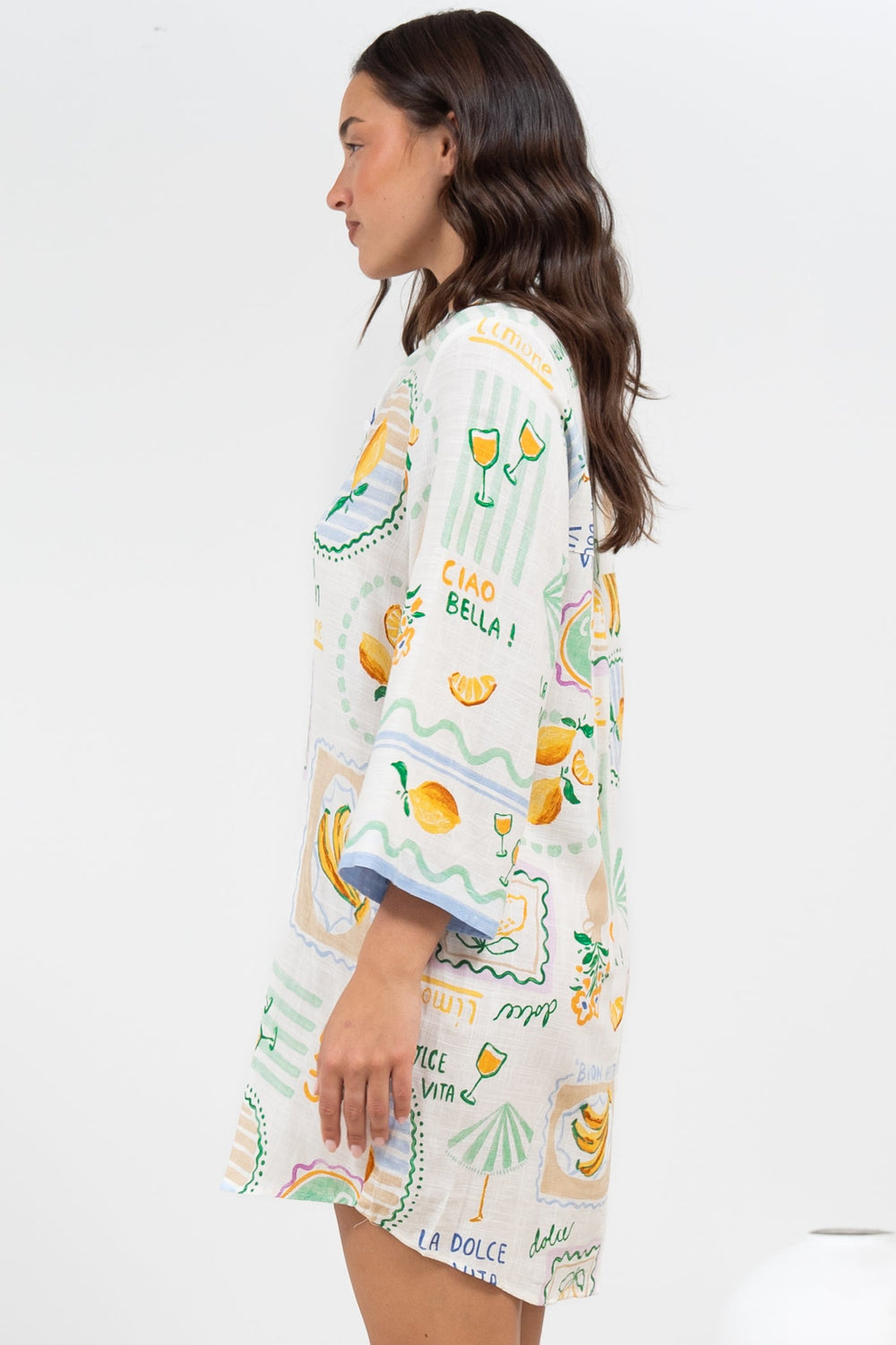 Isadora Mini Dress - Collared Button-Down Shirt Dress with Wide Sleeves in Limone Print