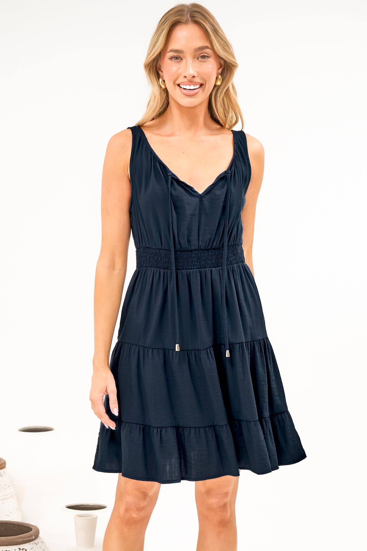 Isola Mini Dress - Sleeveless Tiered A Line Dress with Neck Tie in Navy
