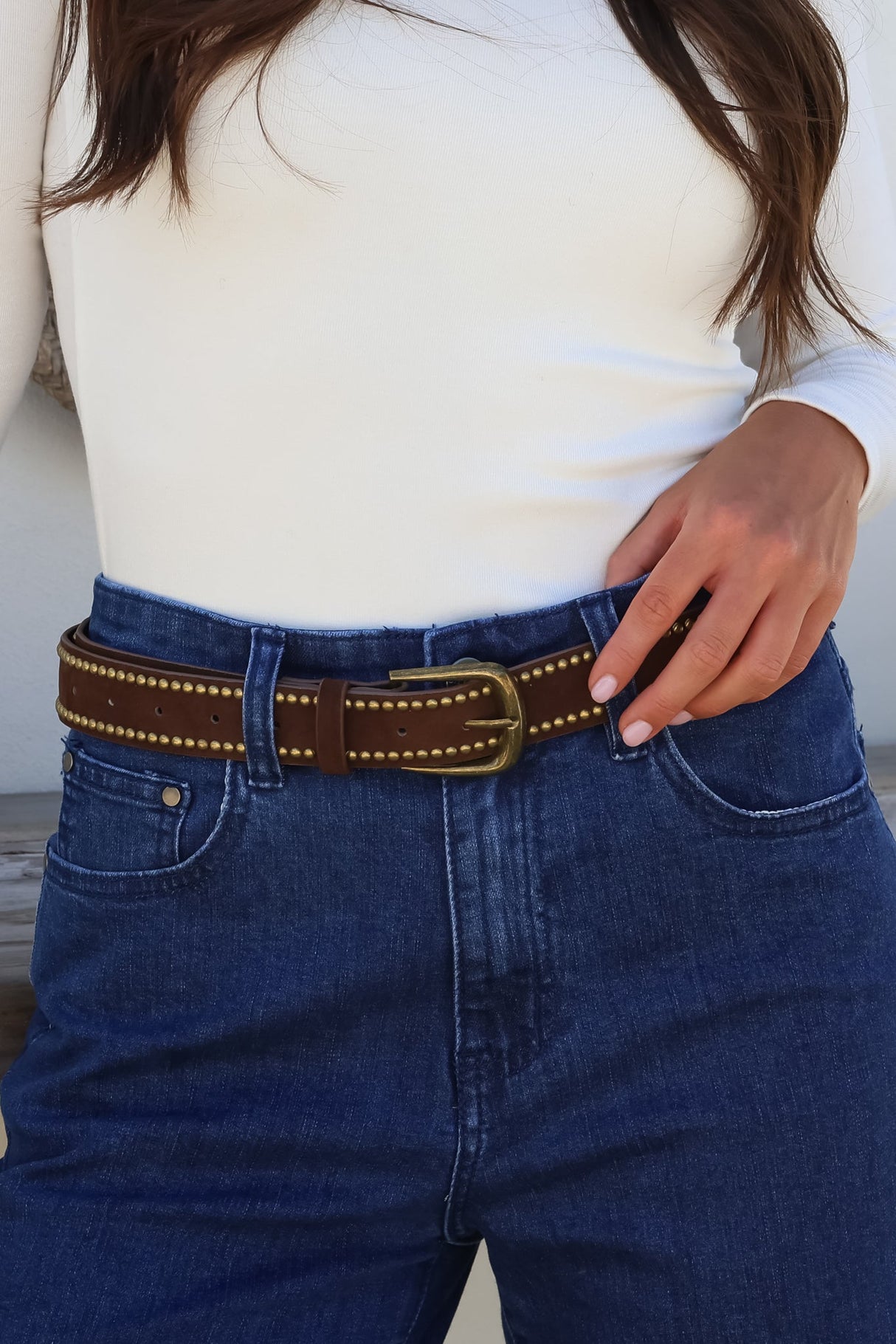 Jace PU Leather Gold Buckle Studded Belt - Velvet Brown