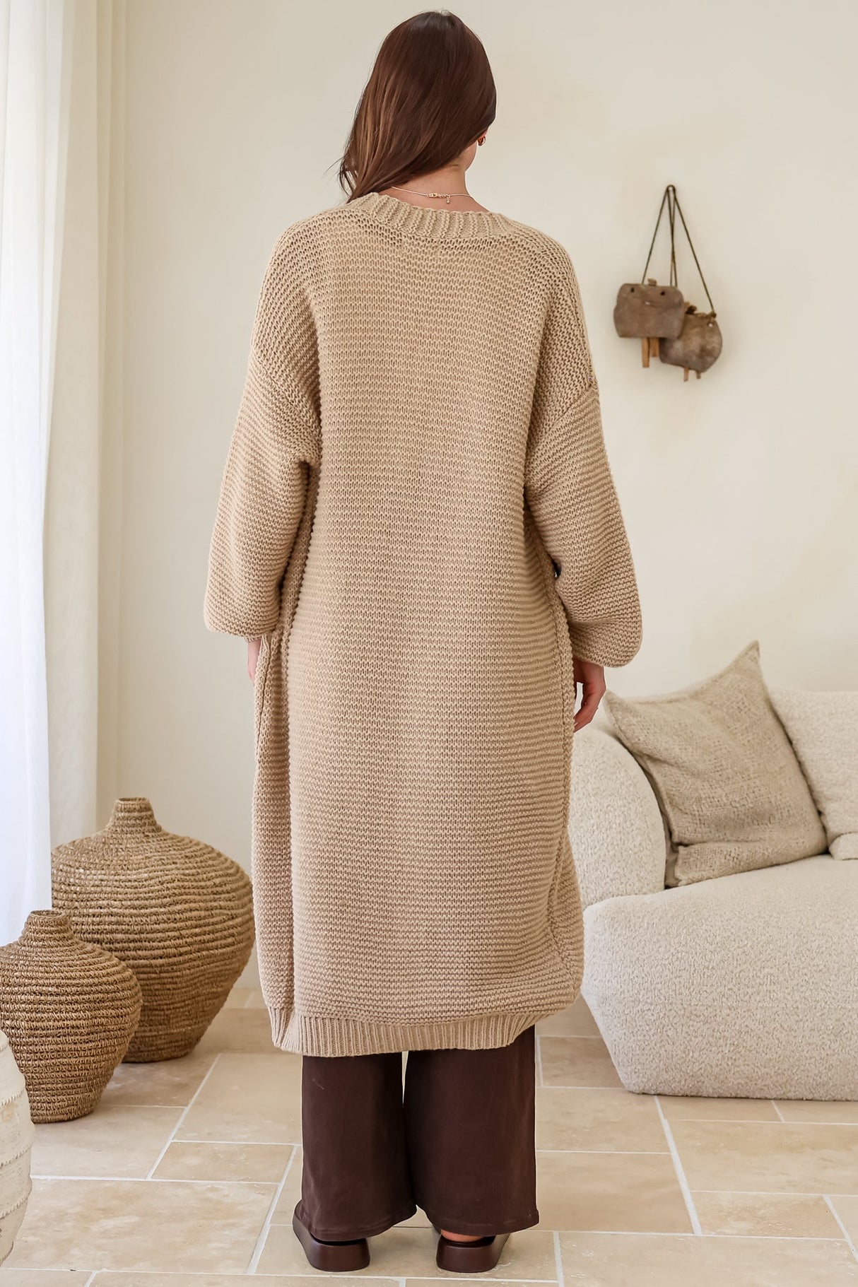 Jacky Cardigan - Ribbed Longline Knit with Balloon Sleeves and Pockets in Beige
