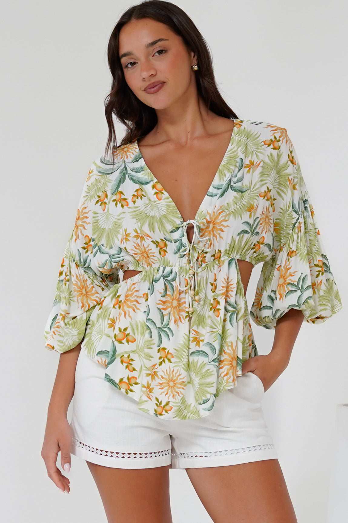 Jacobson Top - Peplum Top with Side Cut Outs and Voluminous Sleeves in LaBella Print