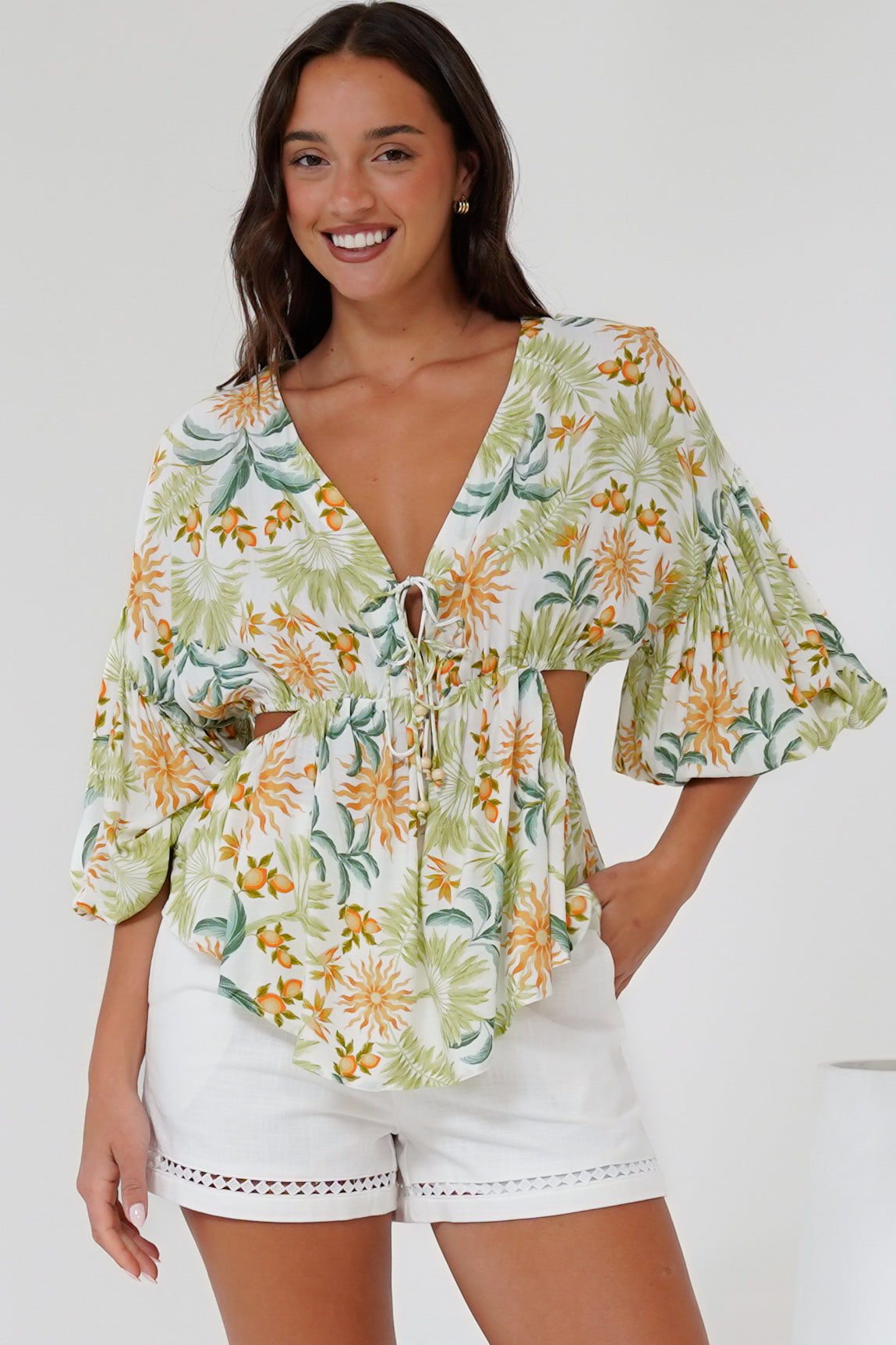 Jacobson Top - Peplum Top with Side Cut Outs and Voluminous Sleeves in LaBella Print