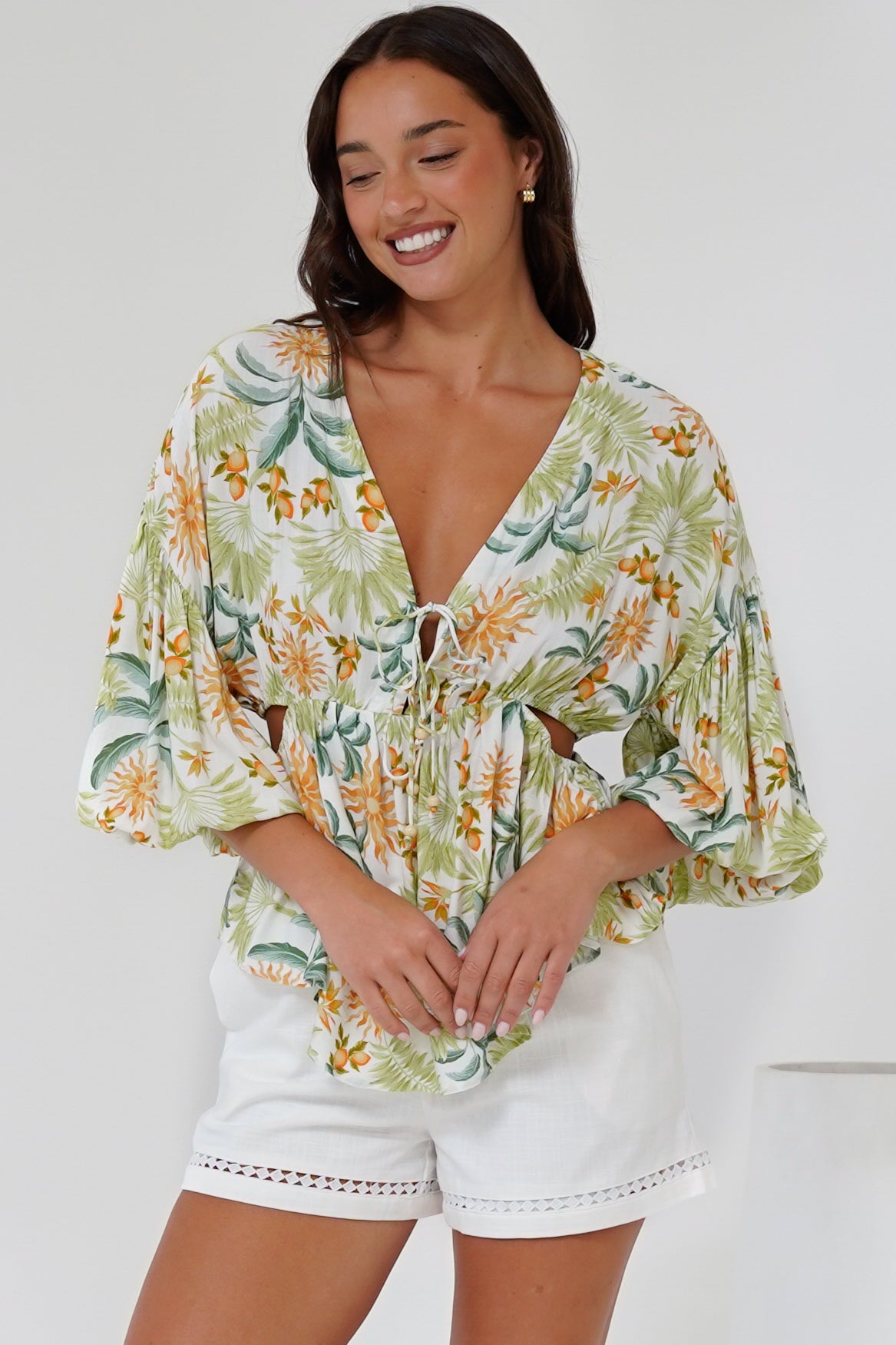 Jacobson Top - Peplum Top with Side Cut Outs and Voluminous Sleeves in LaBella Print