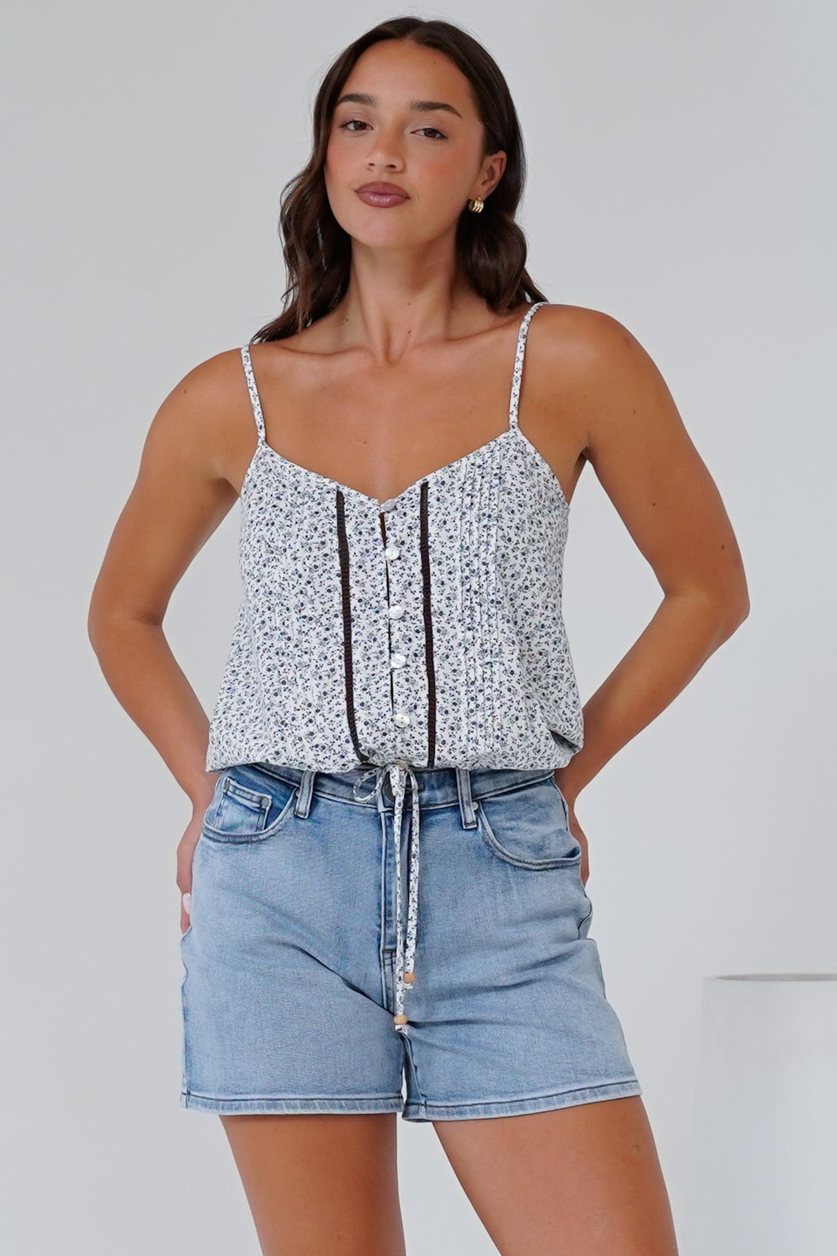 Jade Crop Top - V-Neck Button Down Pull Tie Waist Crop in Marie Print