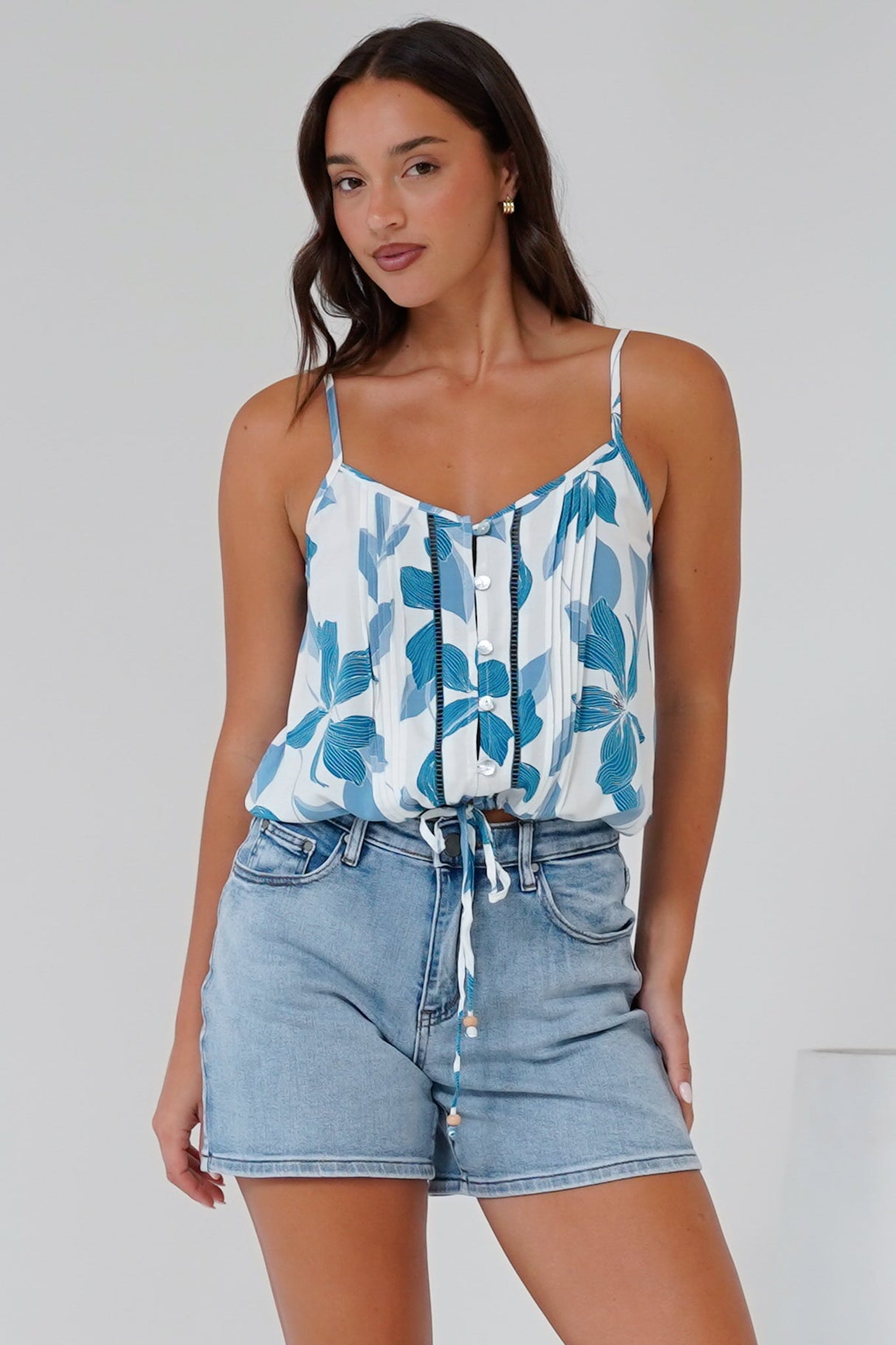 Jade Crop Top - V-Neck Button Down Pull Tie Waist Crop in Oceanic Print