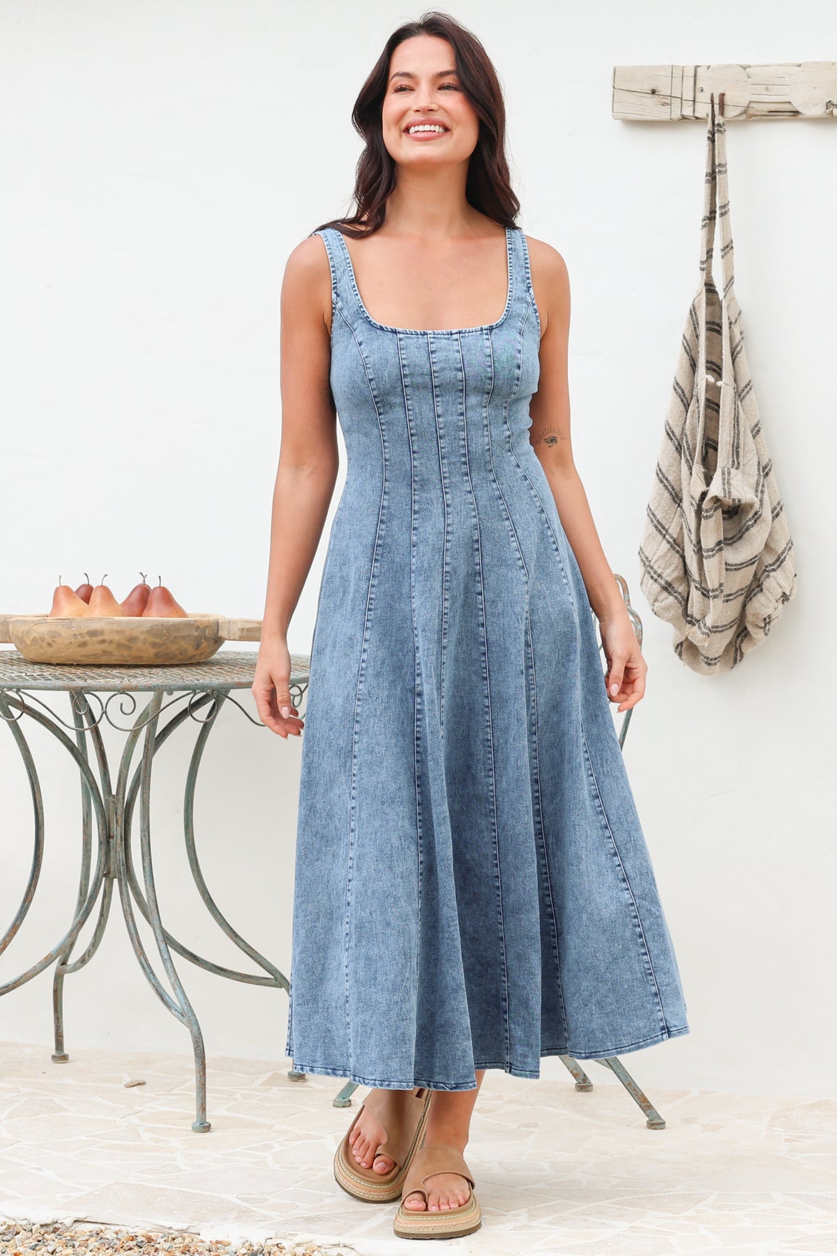 Jadely Midi Dress - Adjustable Strap A-Line Denim Sun Dress in Light Denim