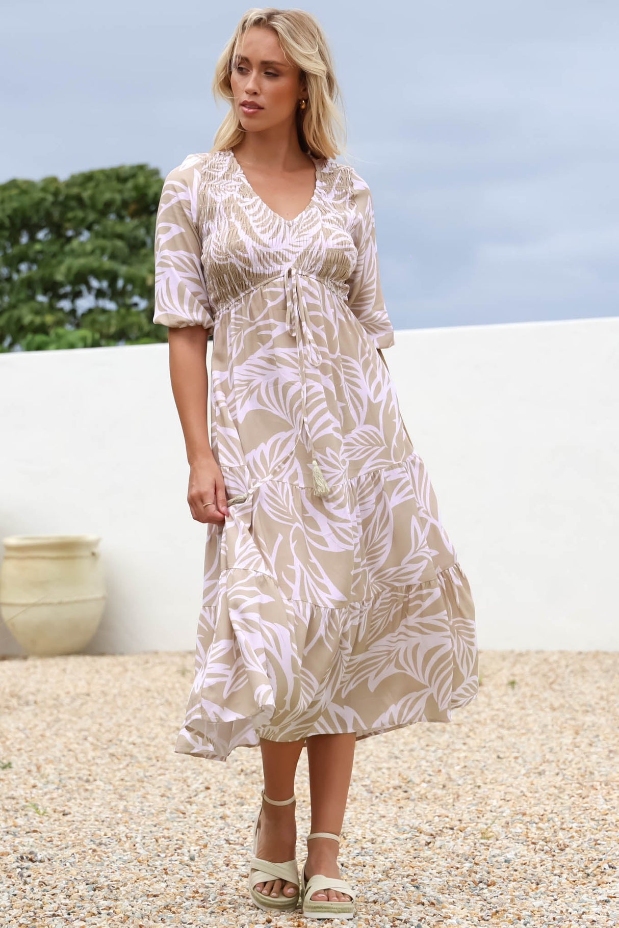 Jaden Midi Dress - Elasticated Bodice A-Line Dress in Jeani Print Beige
