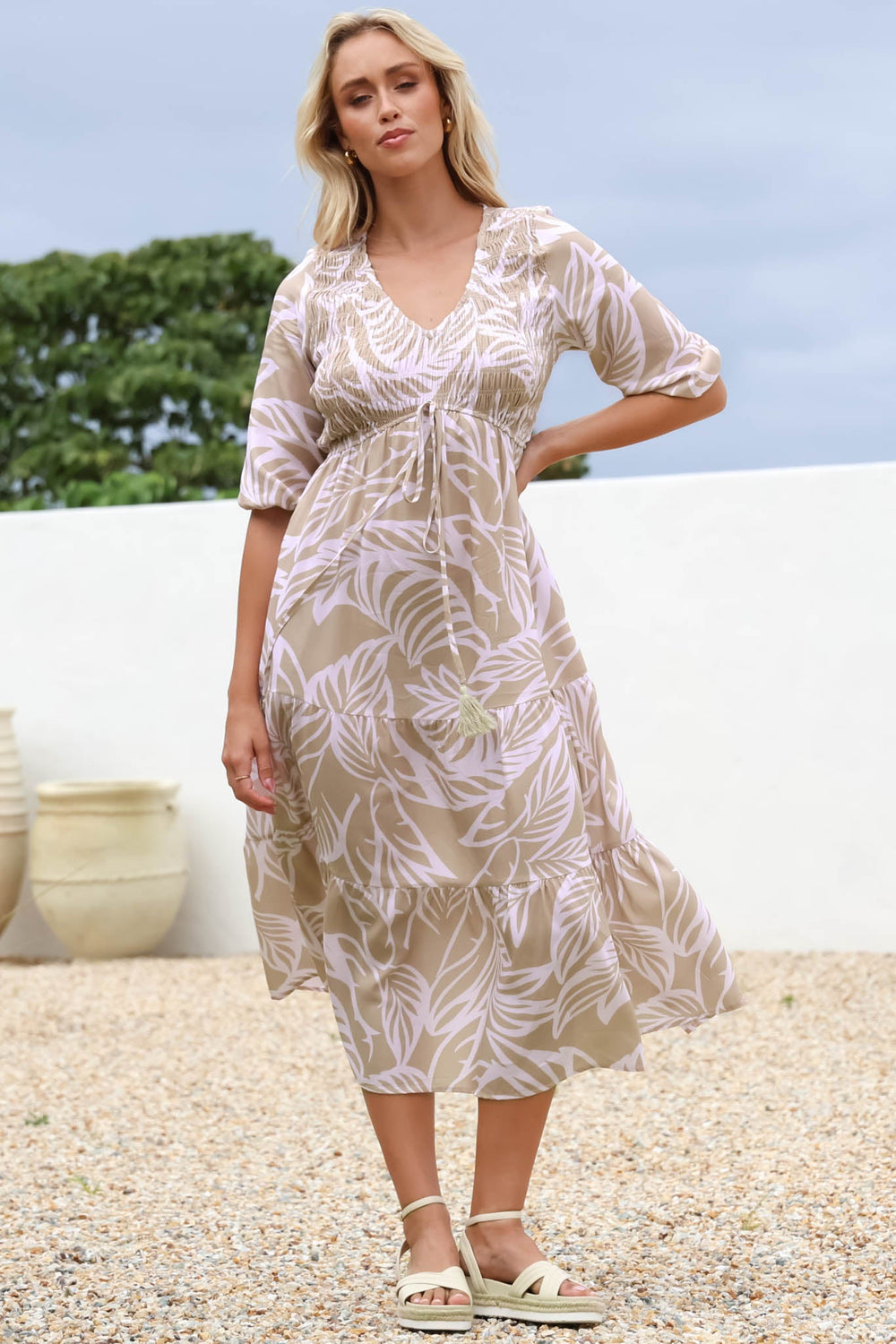 Jaden Midi Dress - Elasticated Bodice A-Line Dress in Jeani Print Beige