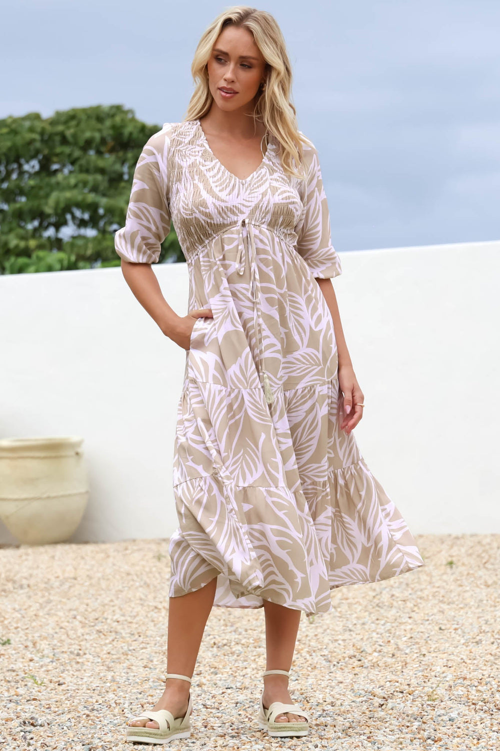 Jaden Midi Dress - Elasticated Bodice A-Line Dress in Jeani Print Beige
