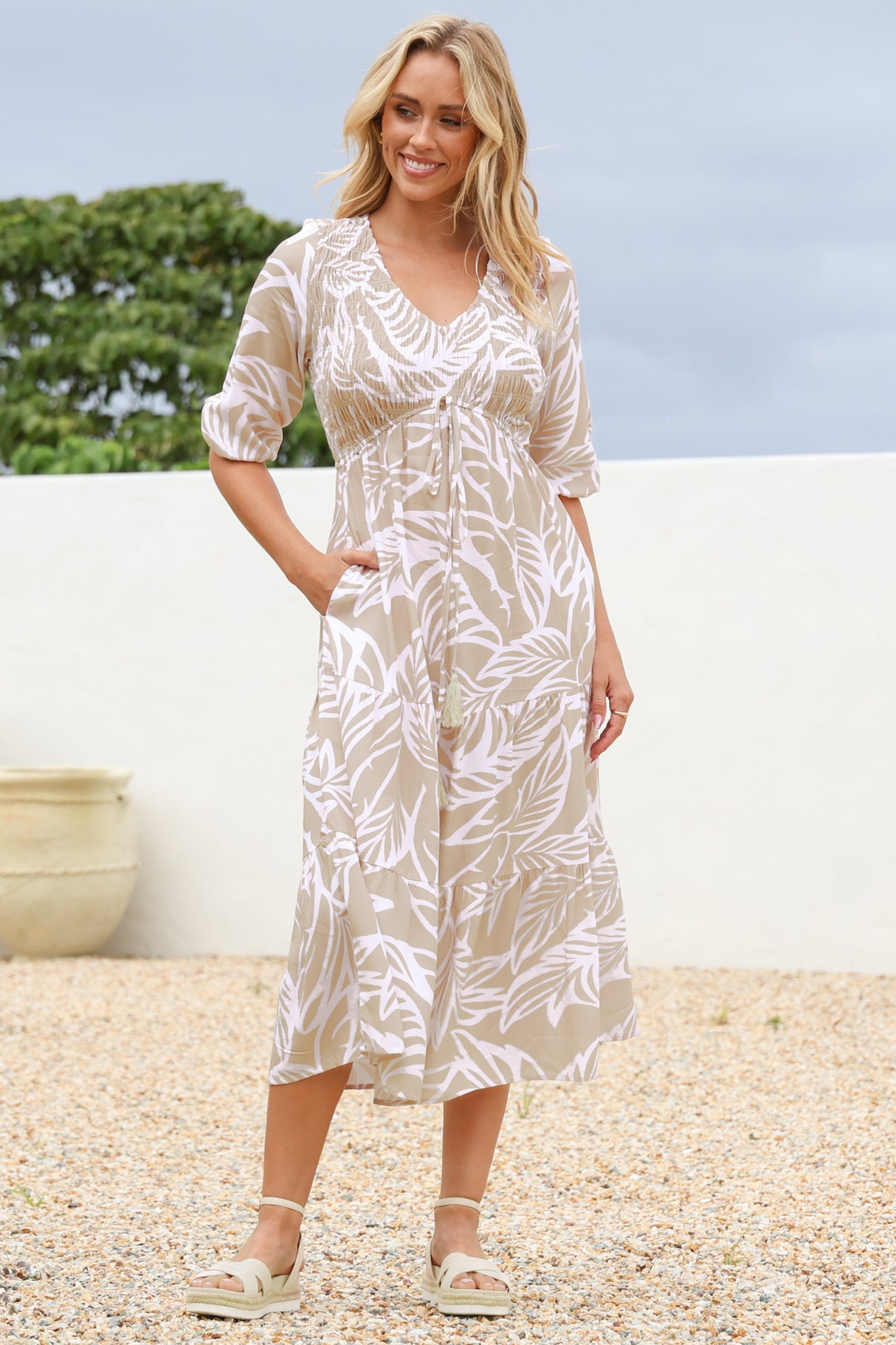 Jaden Midi Dress - Elasticated Bodice A-Line Dress in Jeani Print Beige