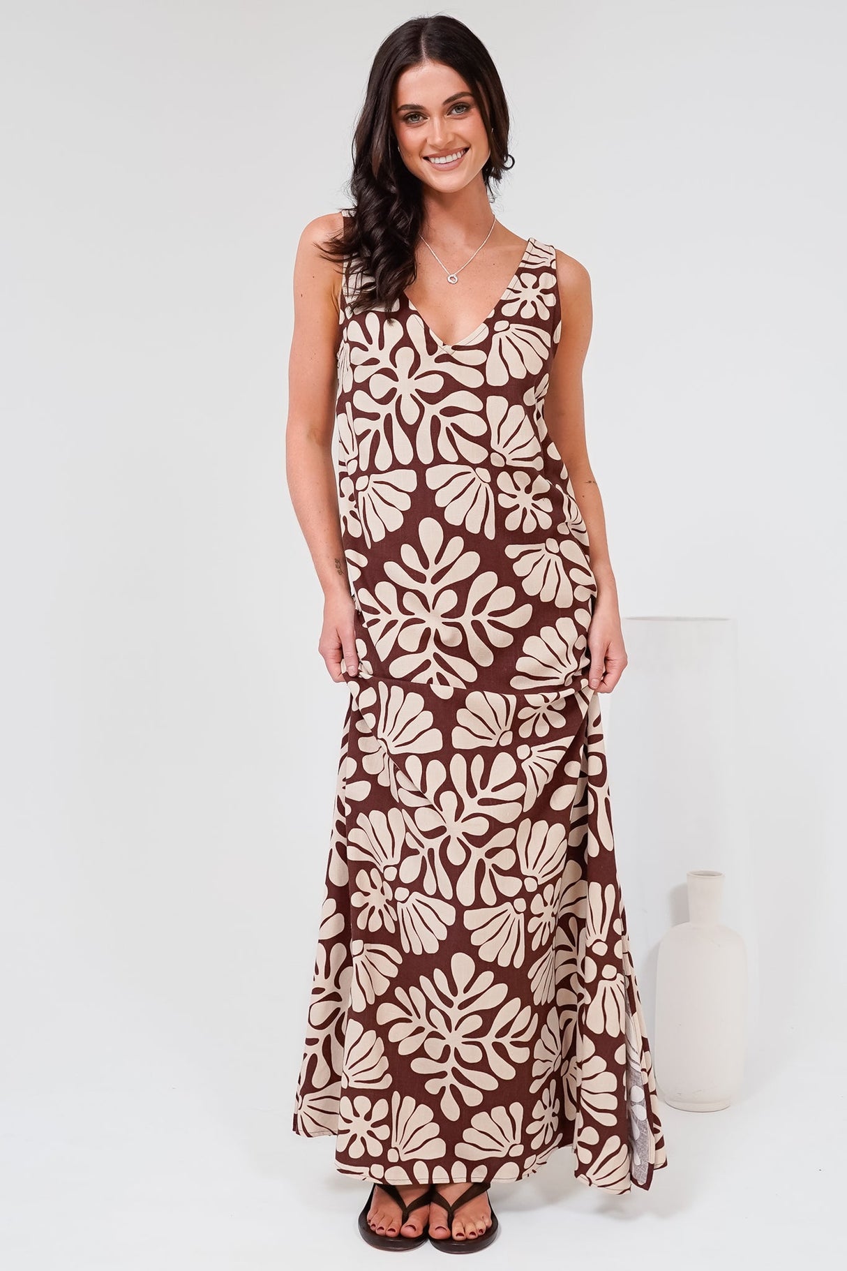 Janeen Maxi Dress - A-Line Sleeveless Dress with Side Splits in Lunie Print Chocolate