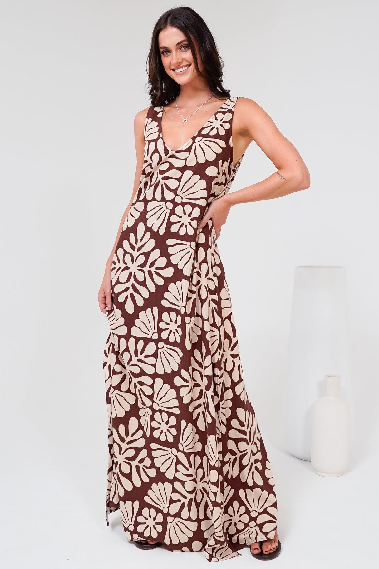 Janeen Maxi Dress - A-Line Sleeveless Dress with Side Splits in Lunie Print Chocolate