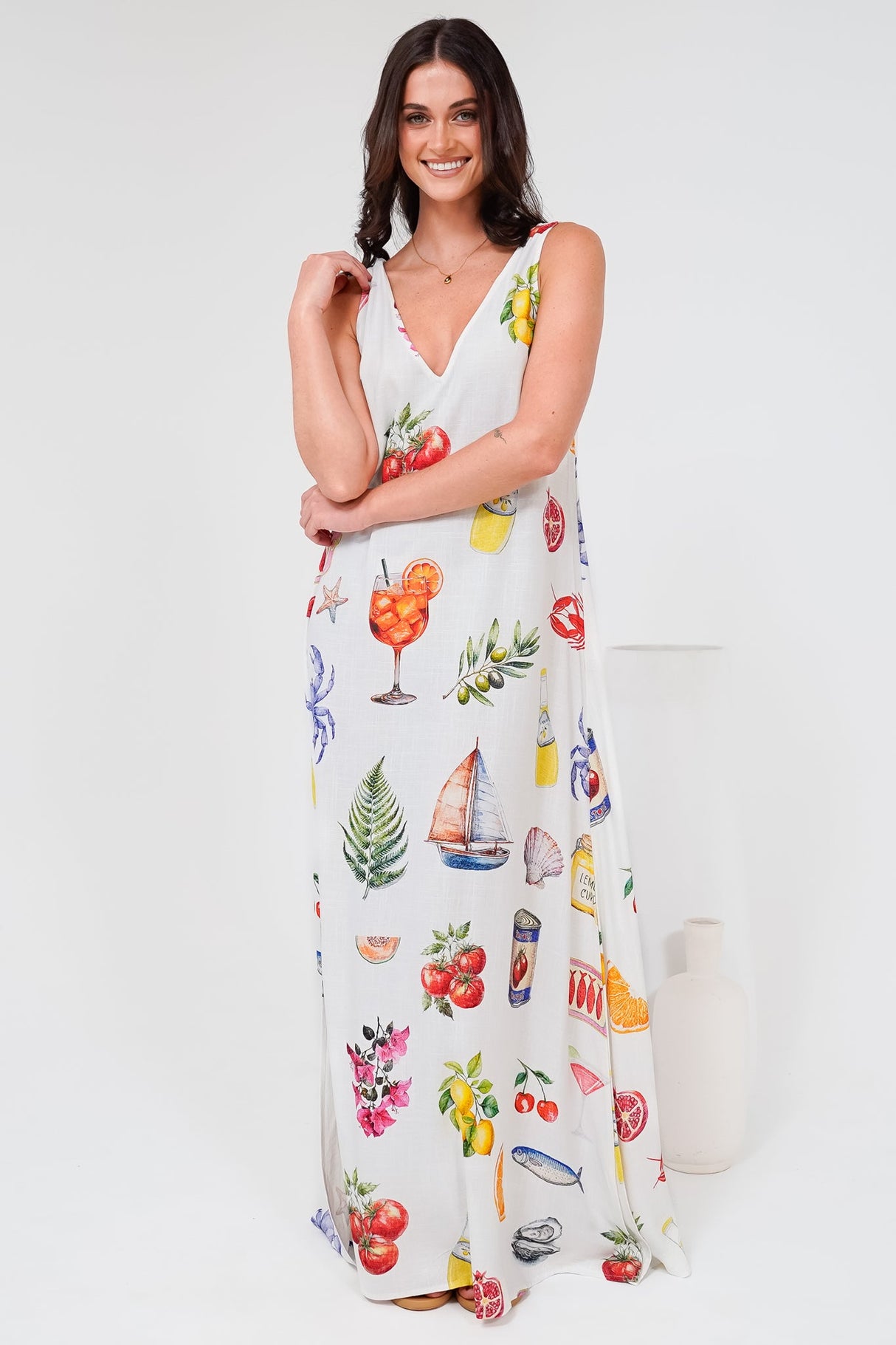 Janeen Maxi Dress - A-Line Sleeveless Dress with Side Splits in Paradisa Print