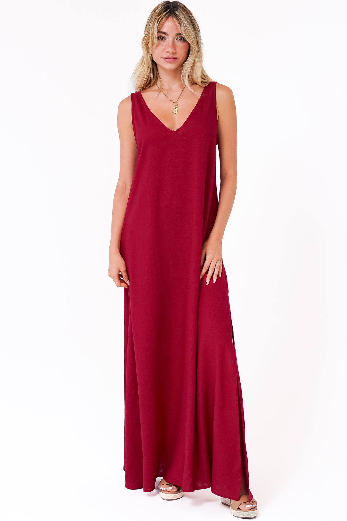 Janeen Maxi Dress - A-Line Sleeveless Dress with Side Splits in Red