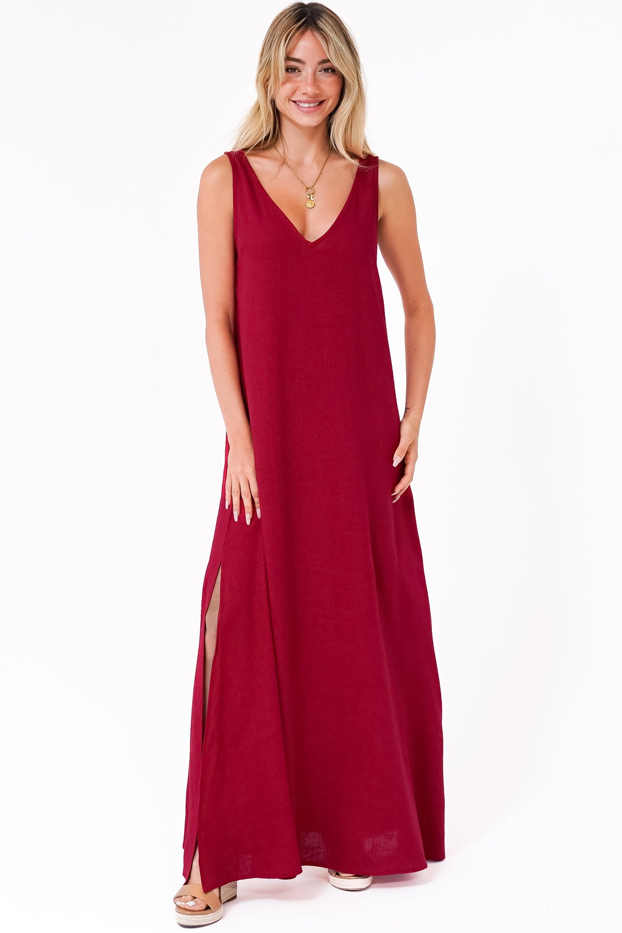 Janeen Maxi Dress - A-Line Sleeveless Dress with Side Splits in Red