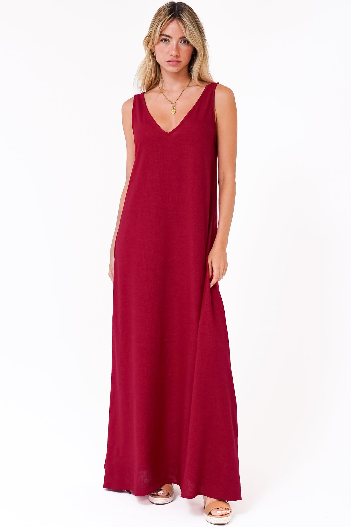 Janeen Maxi Dress - A-Line Sleeveless Dress with Side Splits in Red