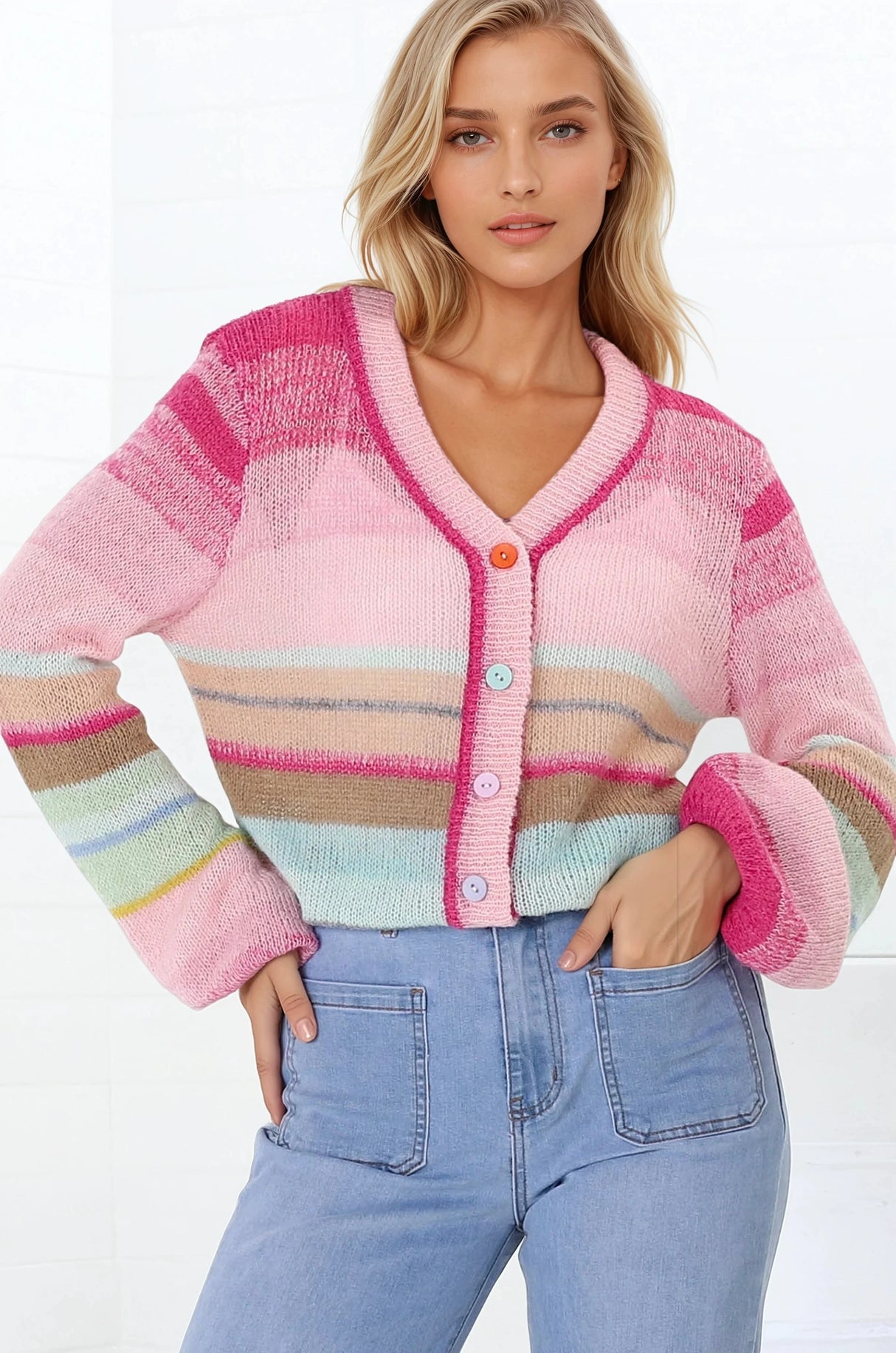 Janice Cardigan - V Neck Buttoned Cardigan in Fushia