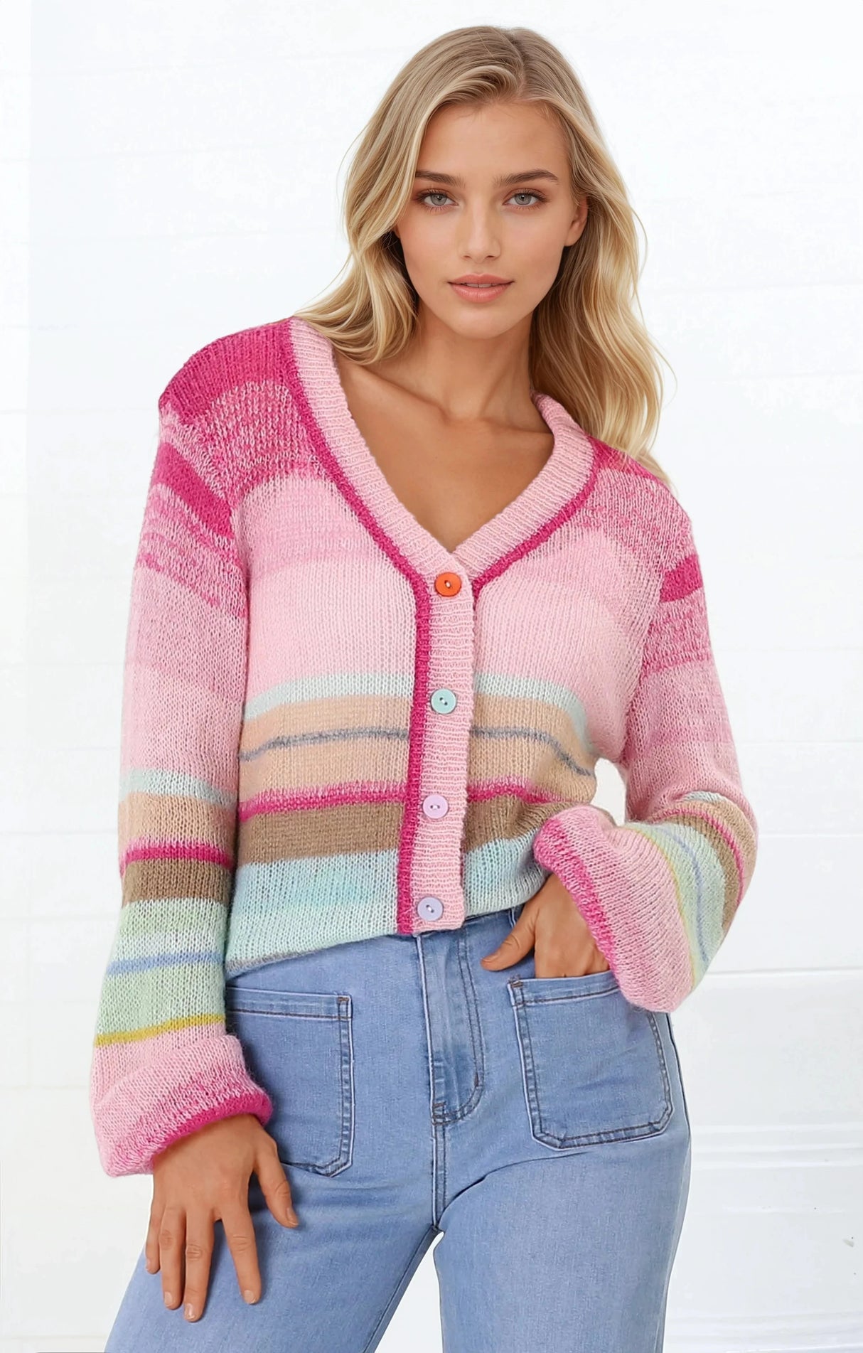 Janice Cardigan - V Neck Buttoned Cardigan in Fushia