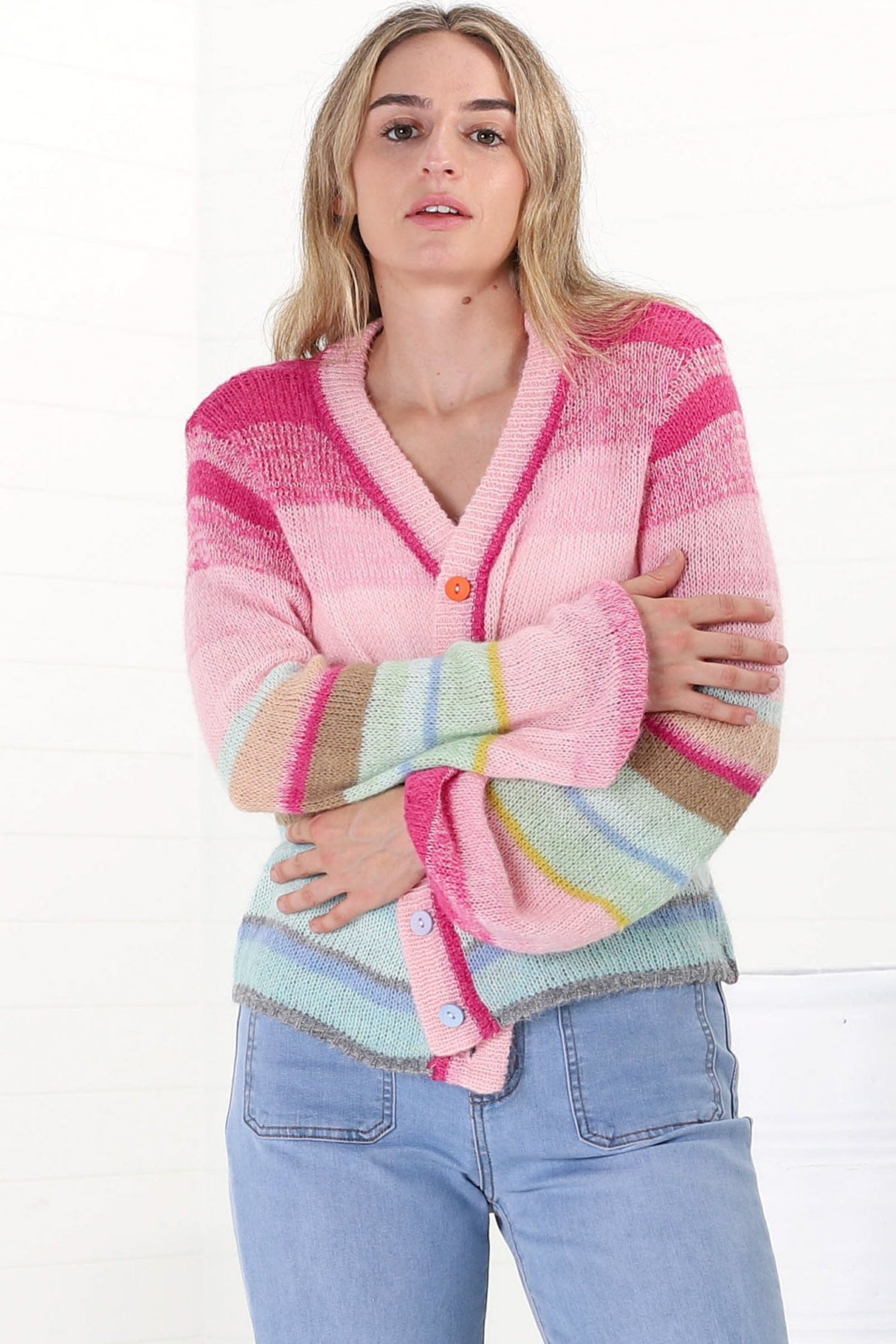 Janice Cardigan - V Neck Buttoned Cardigan in Fushia