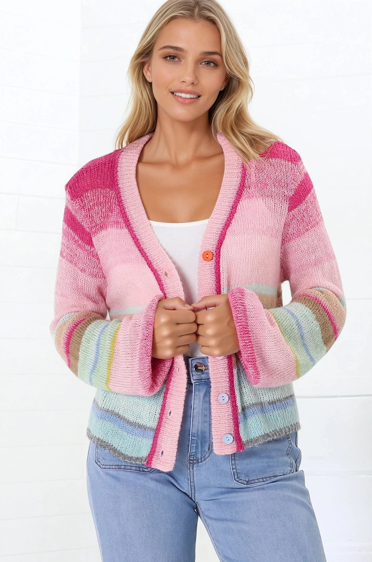 Janice Cardigan - V Neck Buttoned Cardigan in Fushia