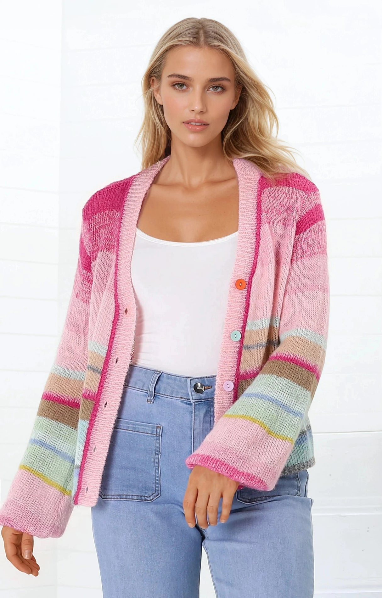 Janice Cardigan - V Neck Buttoned Cardigan in Fushia