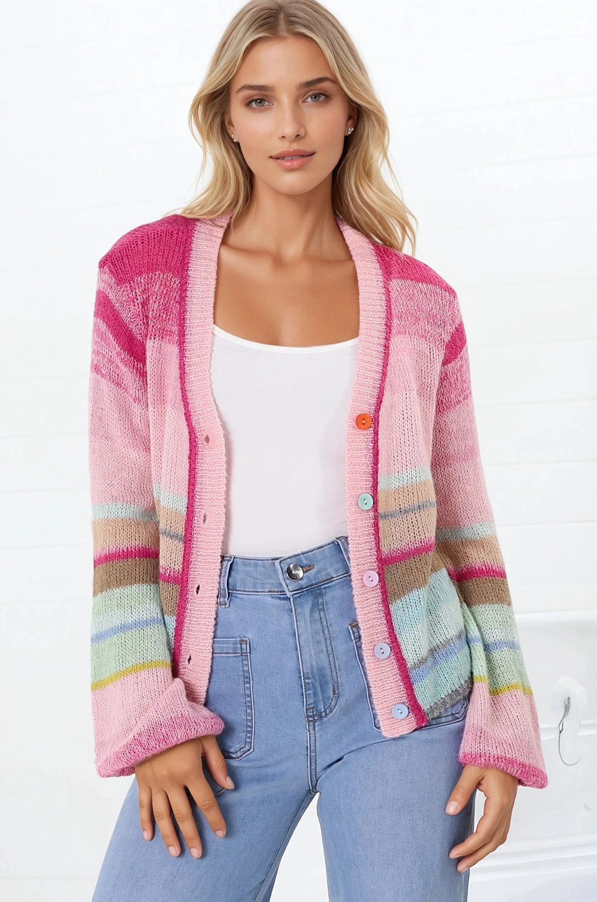 Janice Cardigan - V Neck Buttoned Cardigan in Fushia