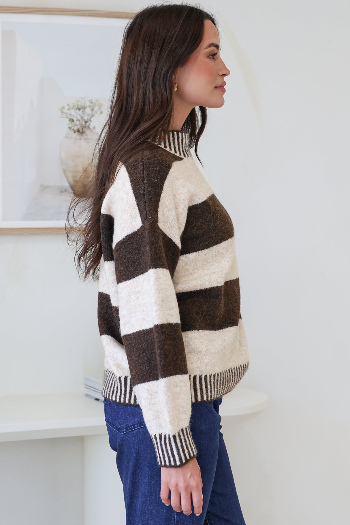 Janie Jumper - Mock Neck Striped Jumper with Contrast Stripe Hemlines in Chocolate