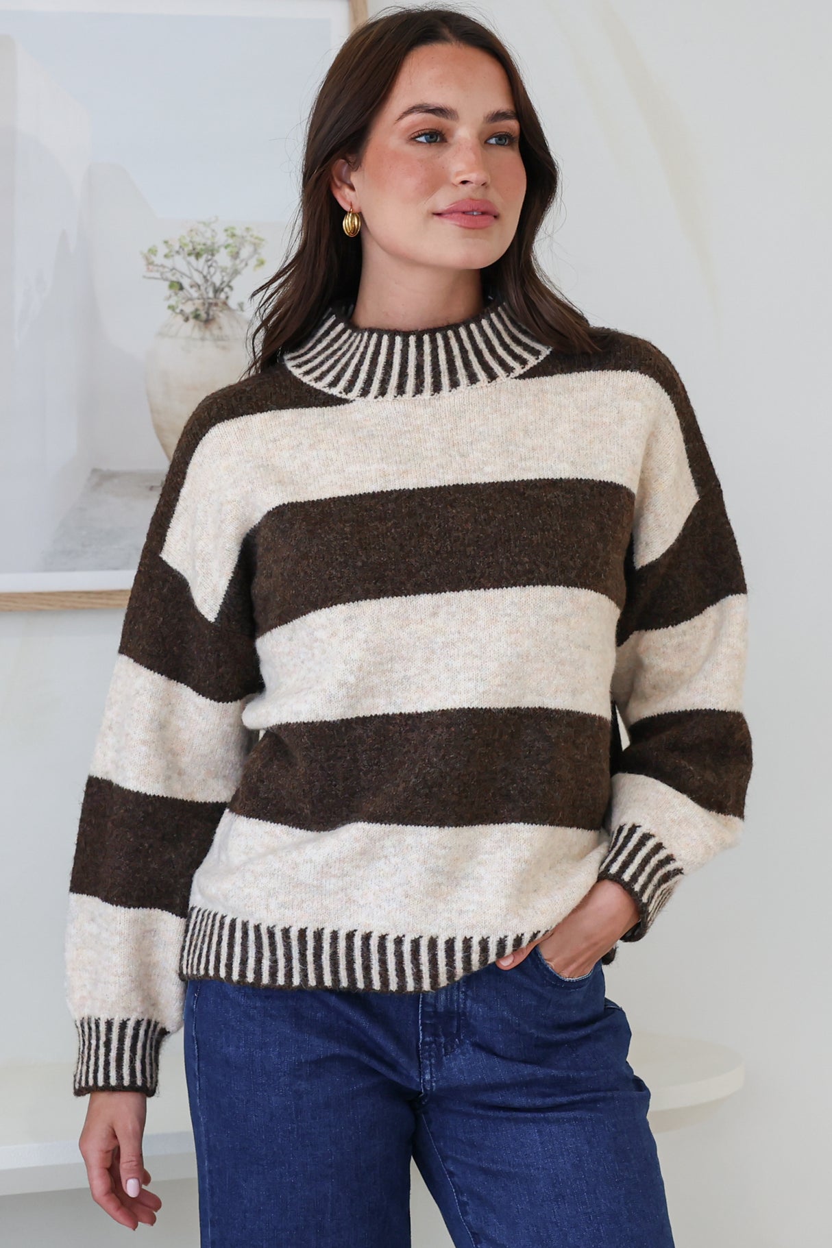 Model wearing Janie Jumper in Chocolate from Salty Crush