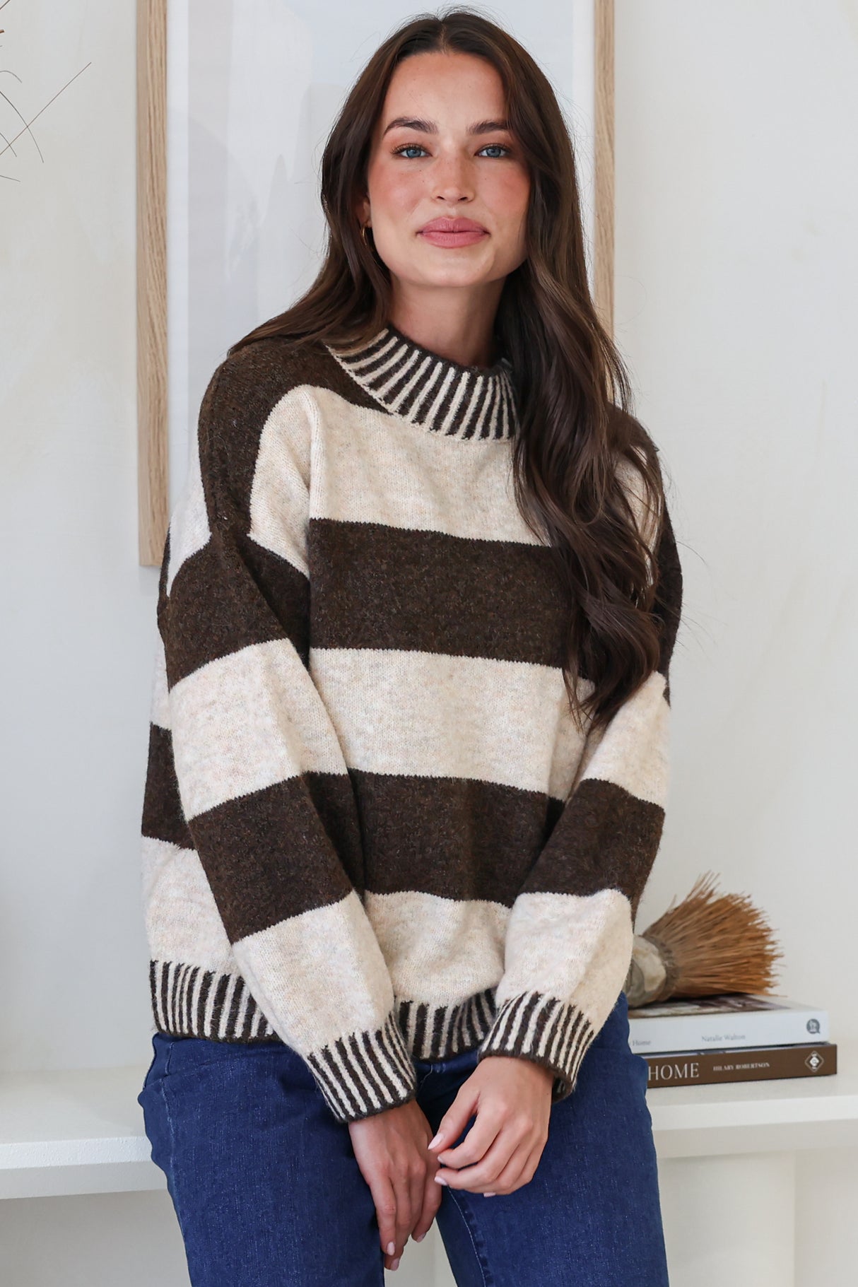 Janie Jumper - Mock Neck Striped Jumper with Contrast Stripe Hemlines in Chocolate