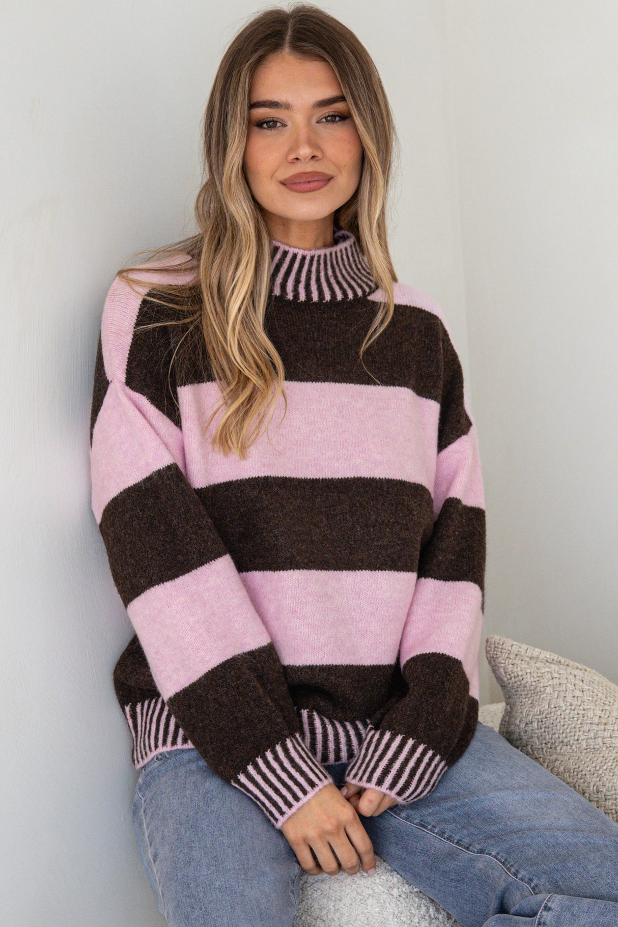 Model wearing Janie Jumper in Pink from Salty Crush