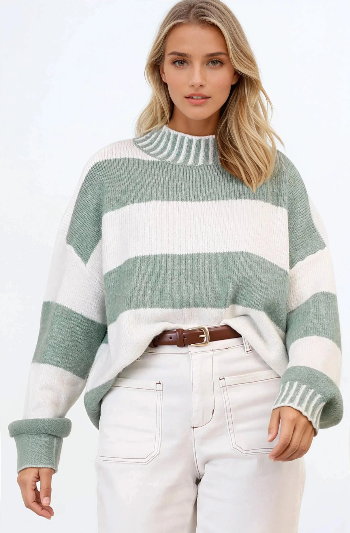 Janie Jumper - Mock Neck Striped Jumper with Contrast Stripe Hemlines in Sage
