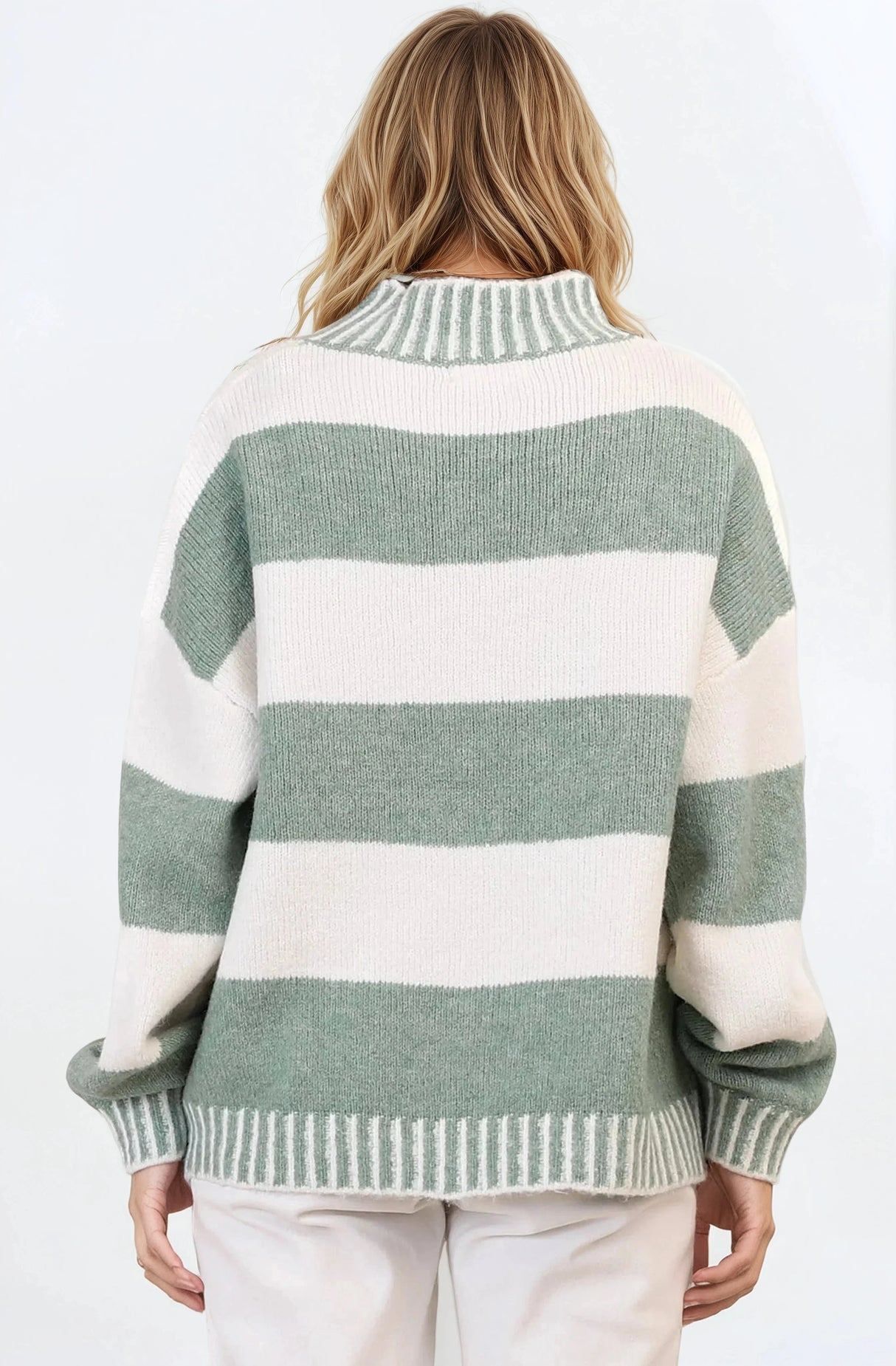 Janie Jumper - Mock Neck Striped Jumper with Contrast Stripe Hemlines in Sage