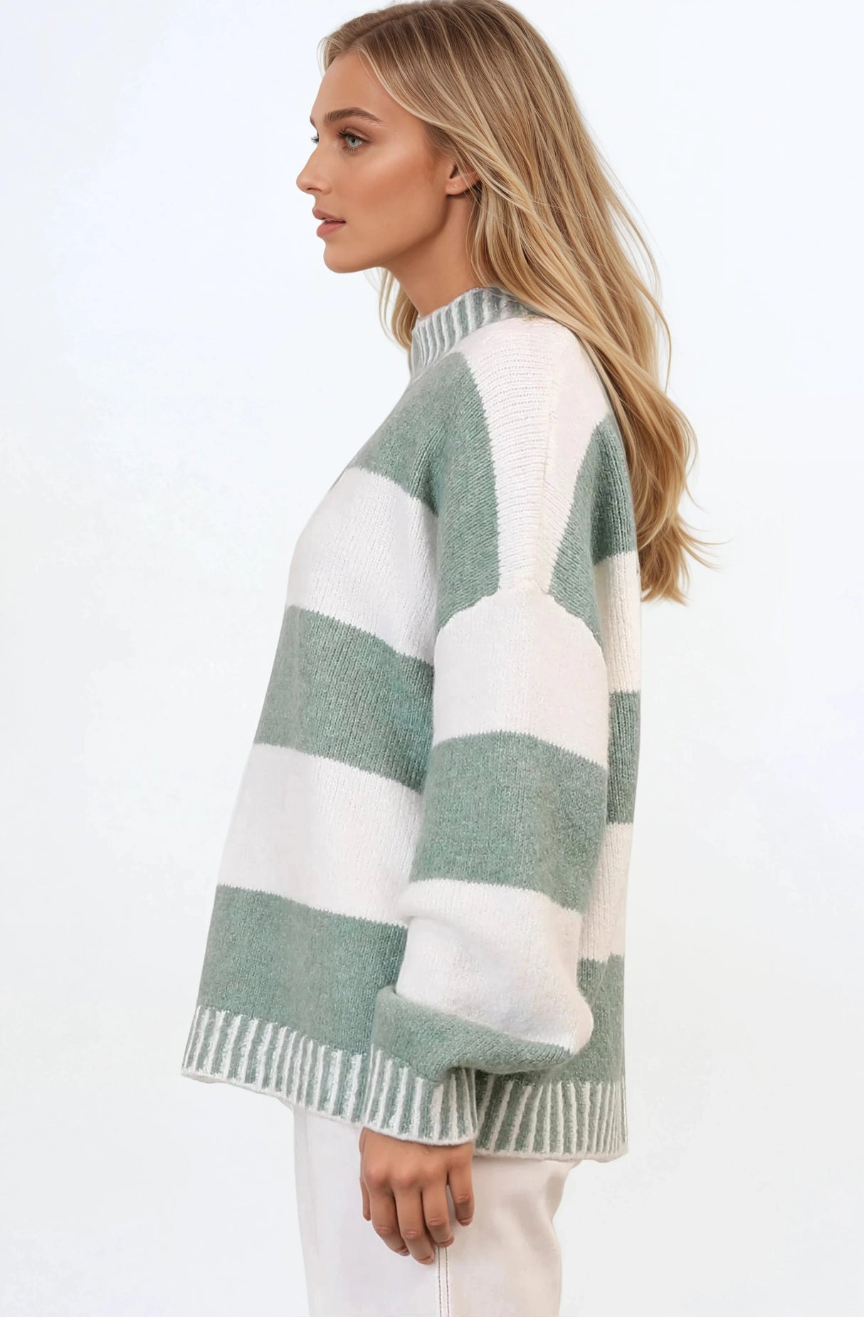 Janie Jumper - Mock Neck Striped Jumper with Contrast Stripe Hemlines in Sage