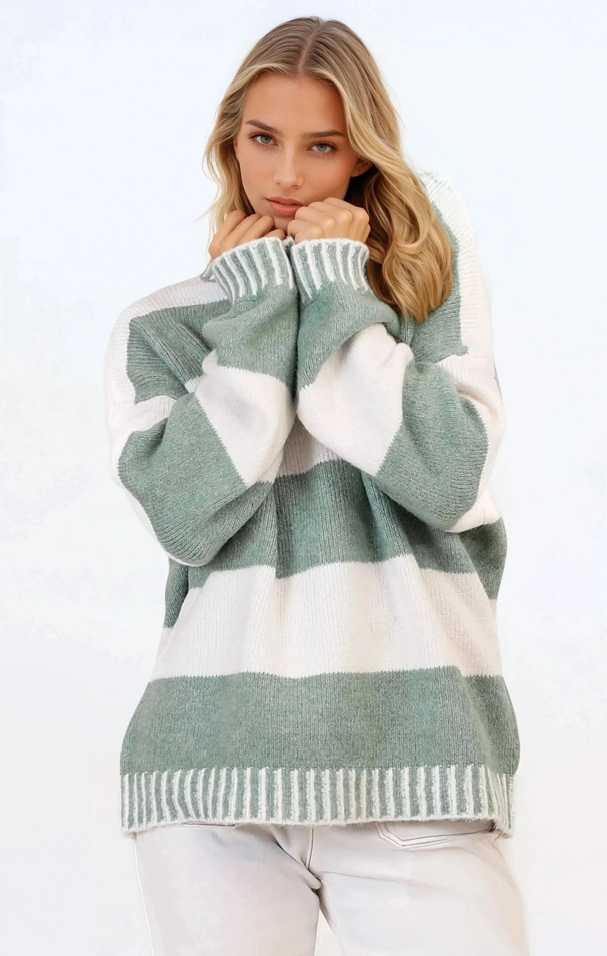 Janie Jumper - Mock Neck Striped Jumper with Contrast Stripe Hemlines in Sage