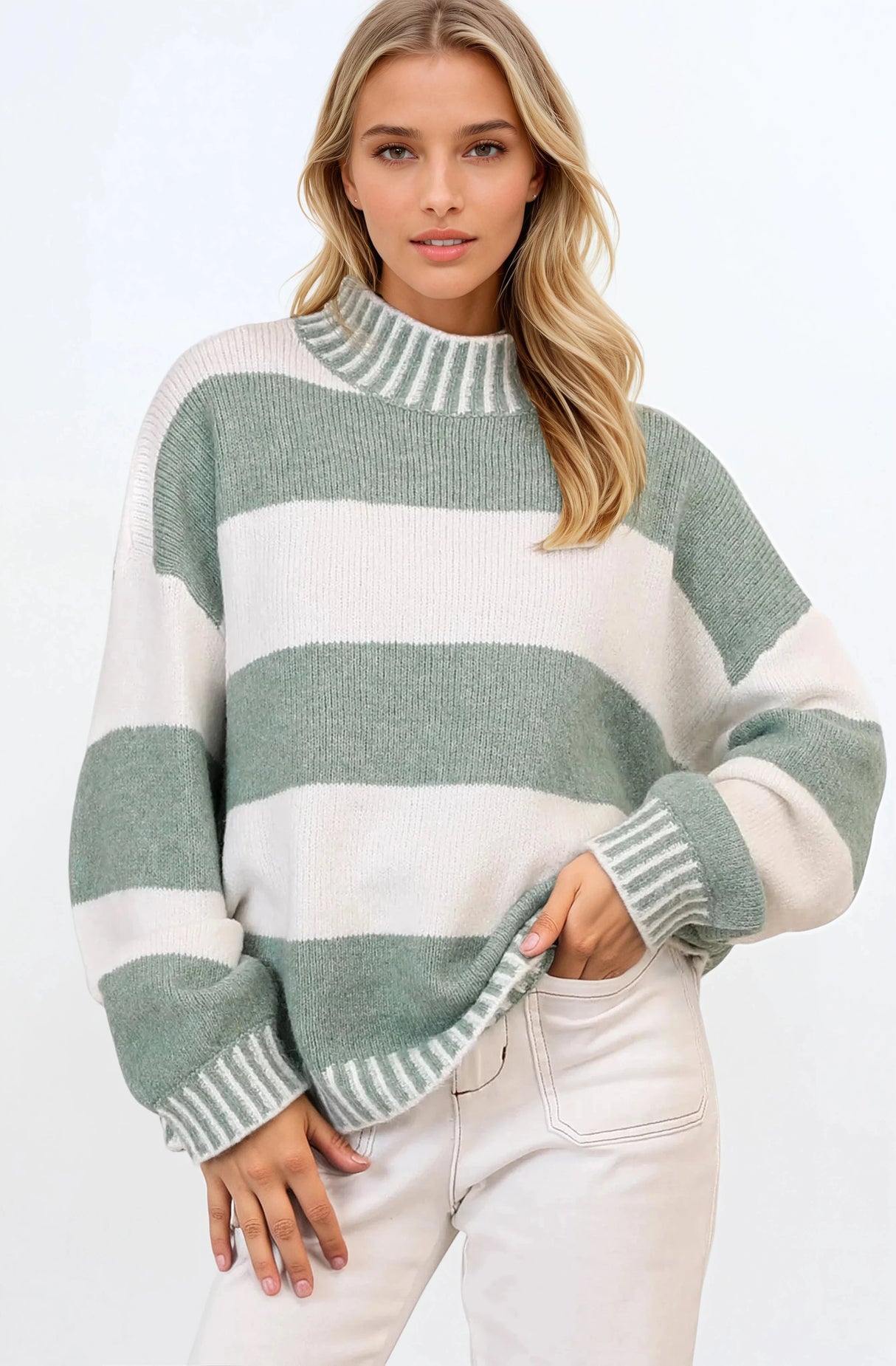 Janie Jumper - Mock Neck Striped Jumper with Contrast Stripe Hemlines in Sage