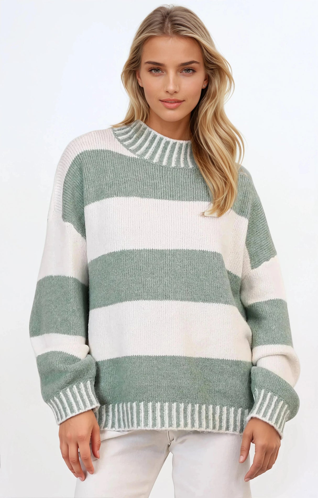 Janie Jumper - Mock Neck Striped Jumper with Contrast Stripe Hemlines in Sage