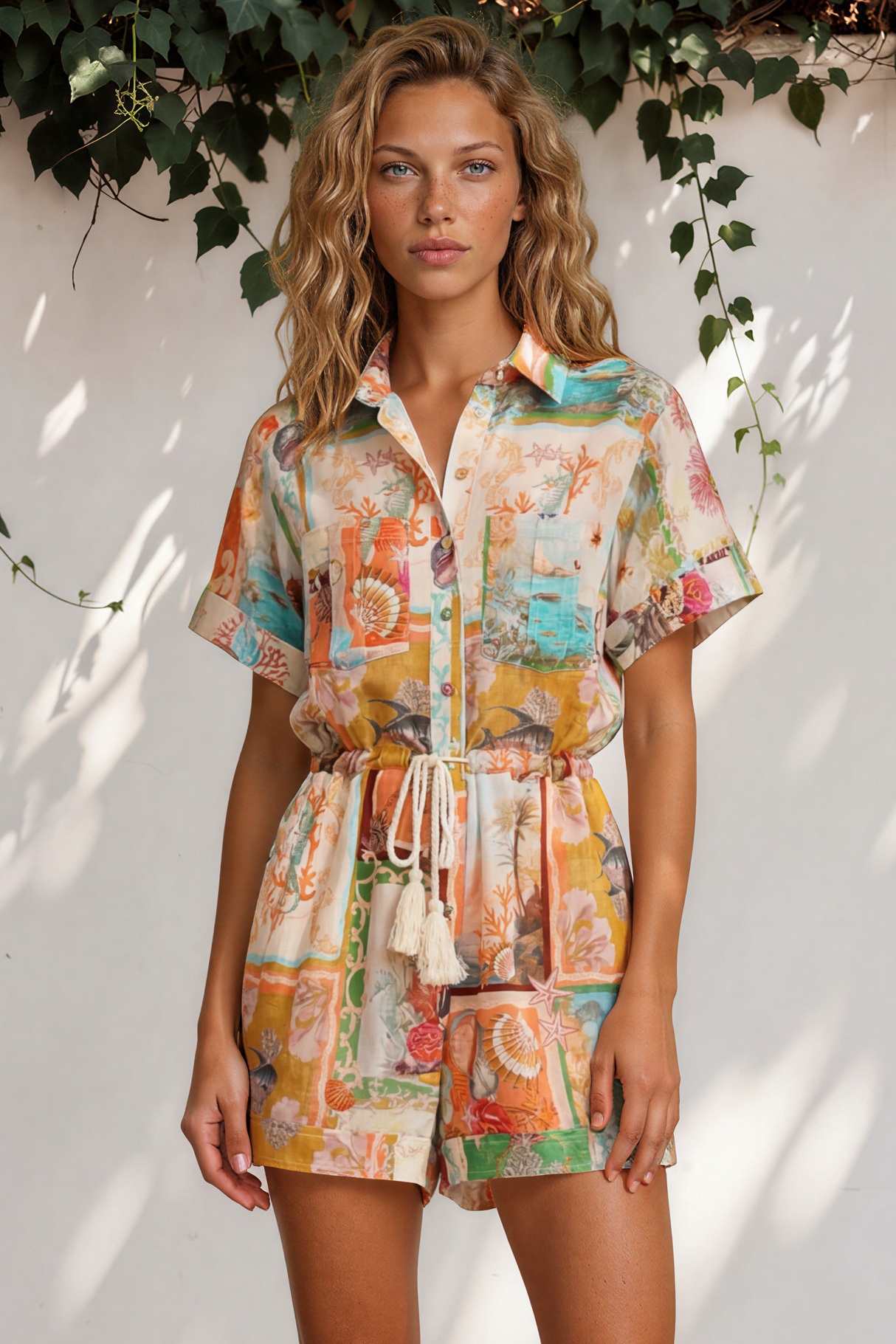 Model wearing Jarah Playsuit in Iluka Print from Salty Crush
