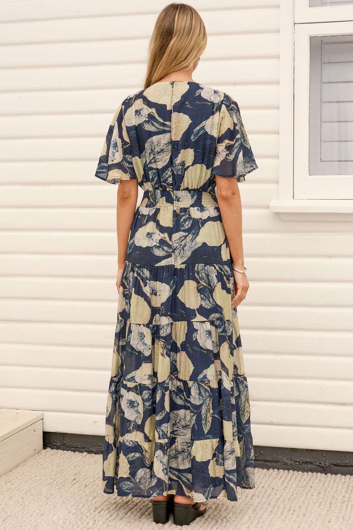 Jasmin Maxi Dress - V Neck Tiered A Line Dress with Flutter Sleeves in Celine Print Blue