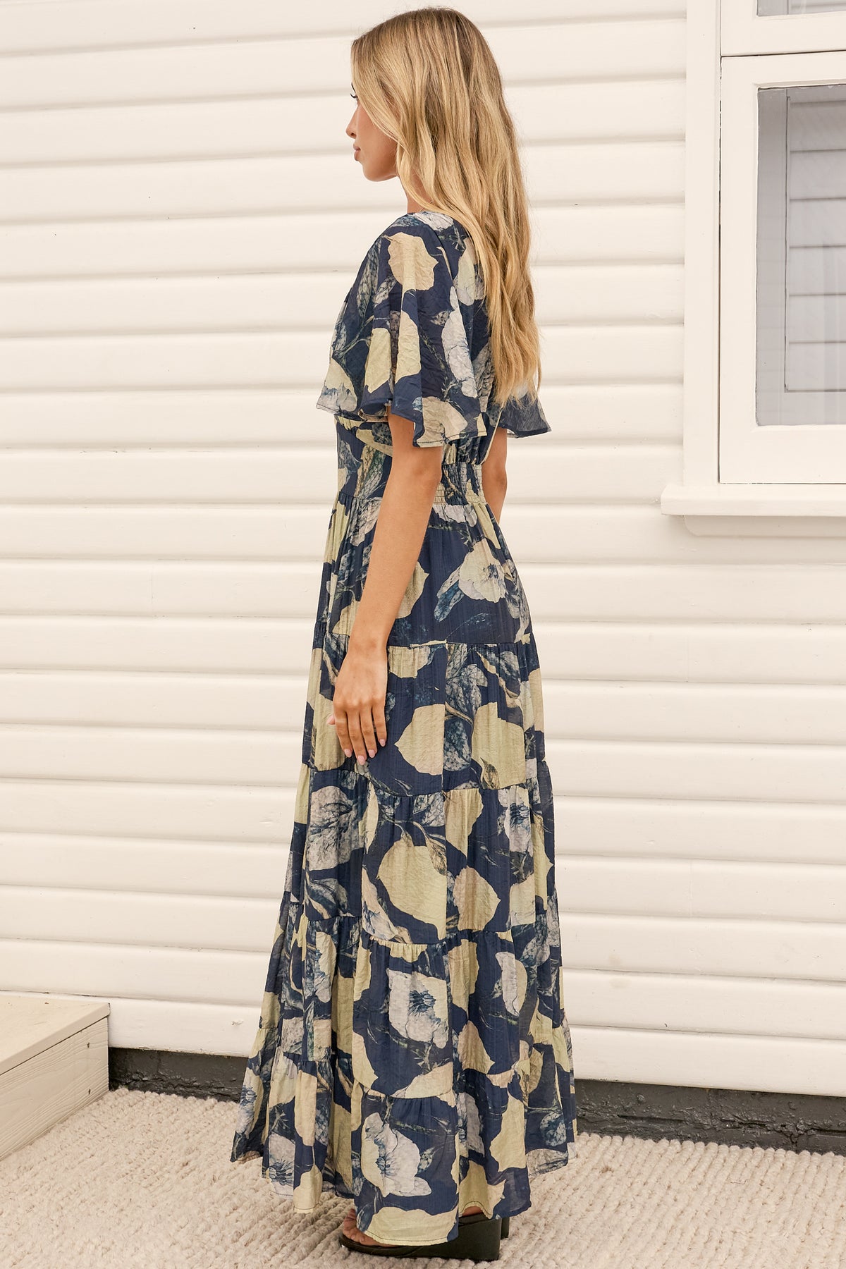 Jasmin Maxi Dress - V Neck Tiered A Line Dress with Flutter Sleeves in Celine Print Blue