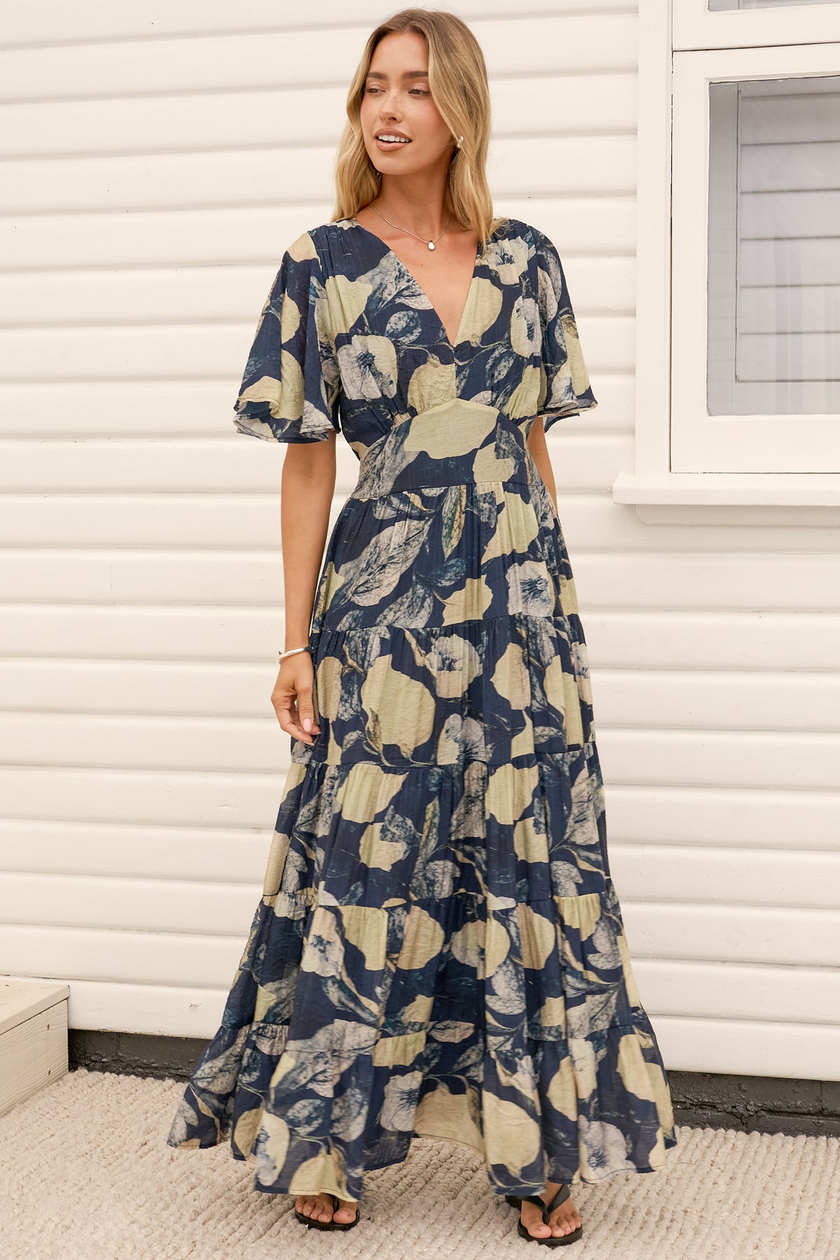 Jasmin Maxi Dress - V Neck Tiered A Line Dress with Flutter Sleeves in Celine Print Blue