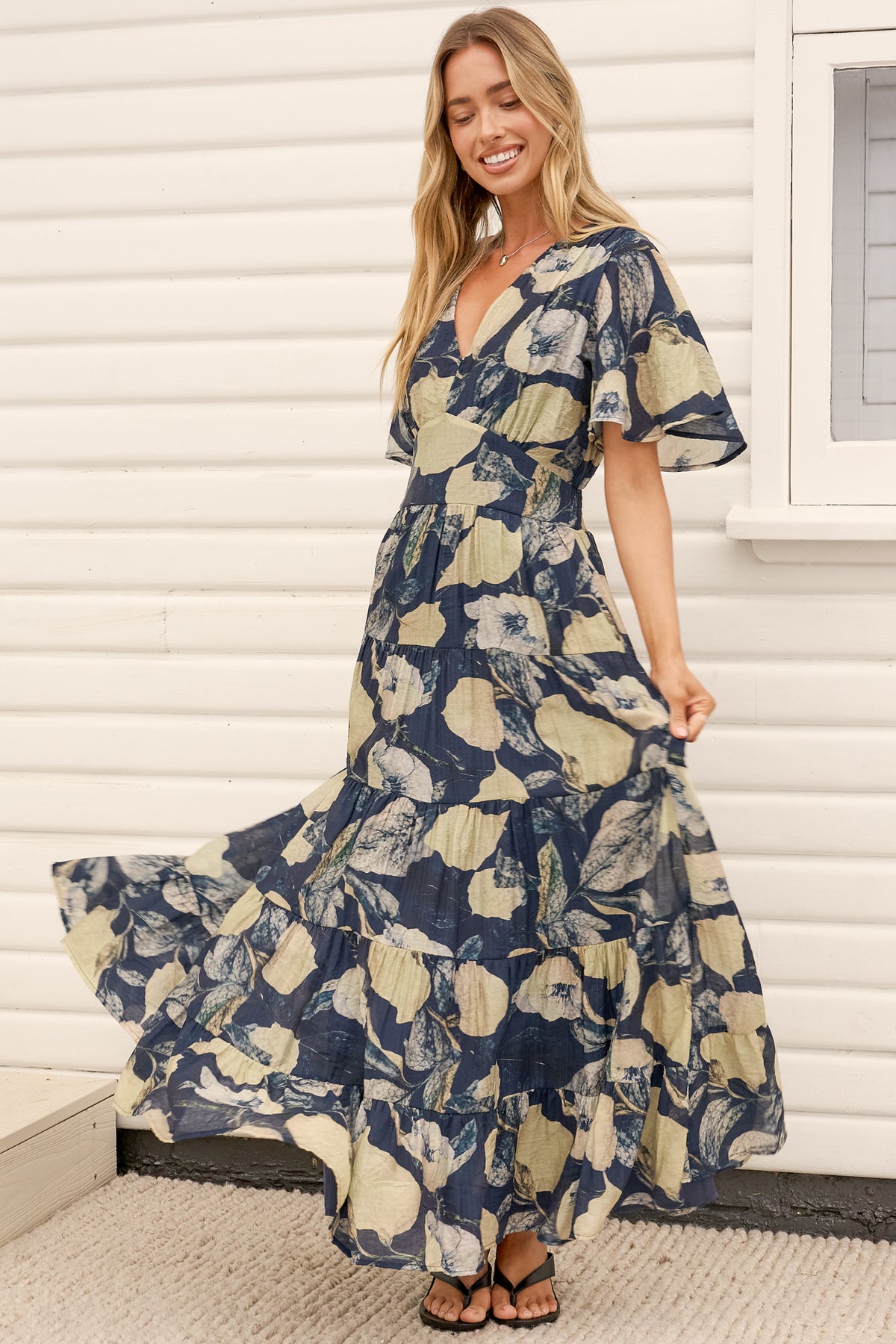 Jasmin Maxi Dress - V Neck Tiered A Line Dress with Flutter Sleeves in Celine Print Blue