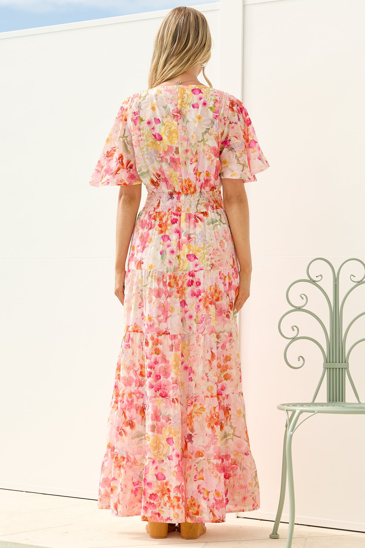 Jasmin Maxi Dress - V Neck Tiered A Line Dress with Butterfly Sleeves in Liana Print