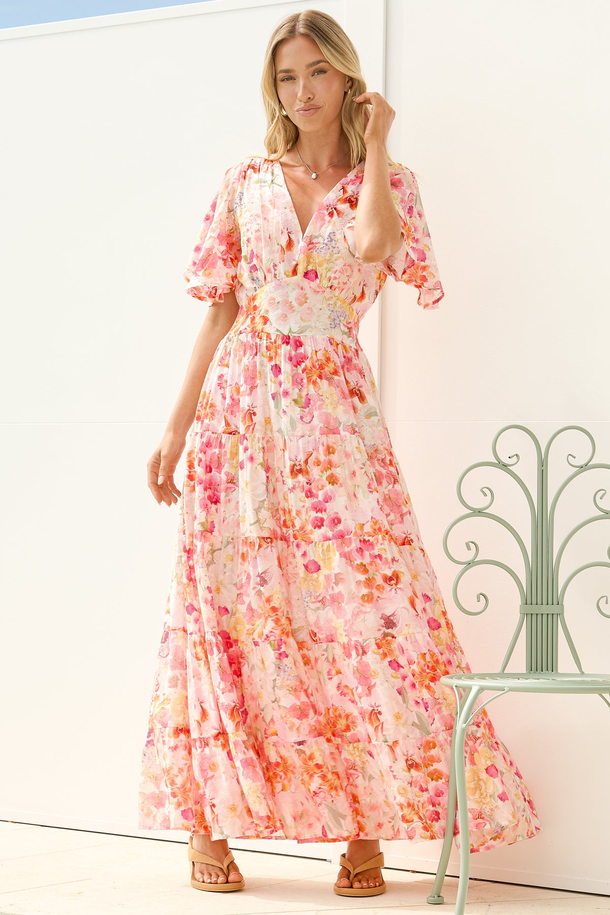 Jasmin Maxi Dress - V Neck Tiered A Line Dress with Butterfly Sleeves in Liana Print