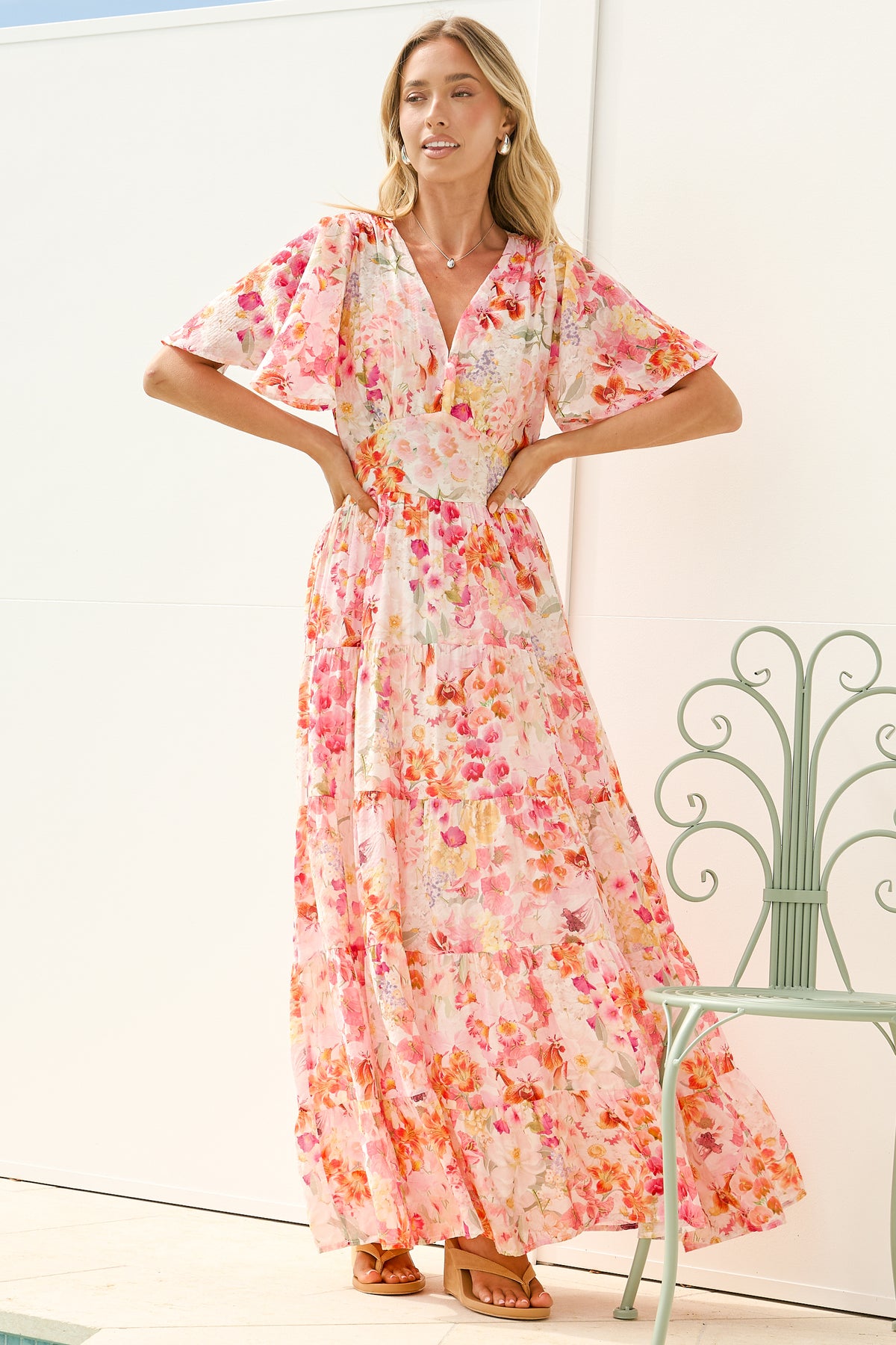 Jasmin Maxi Dress - V Neck Tiered A Line Dress with Butterfly Sleeves in Liana Print
