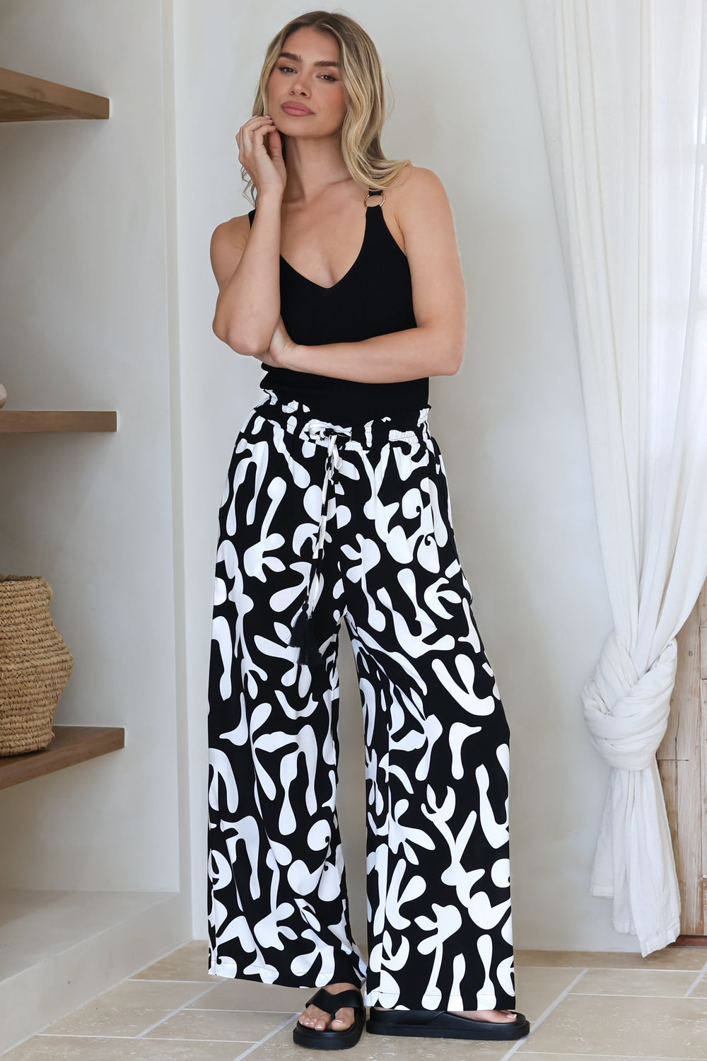 Jaxie Pants - Elasticated Paperbag Waist with Drawstring Wide Leg Pants with Pockets in Black