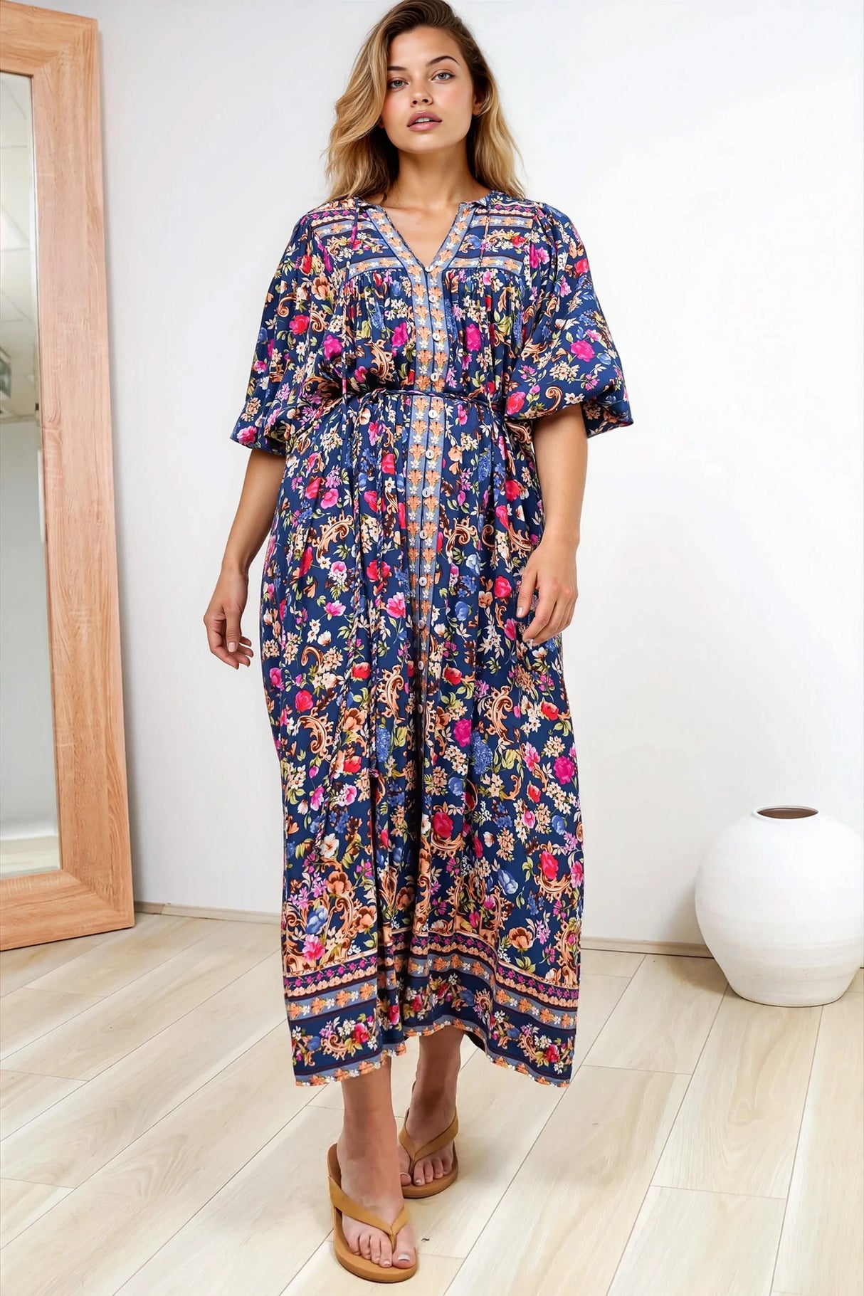 Jayla Midi Dress - Button Down Dress with Belt in Elyce Print