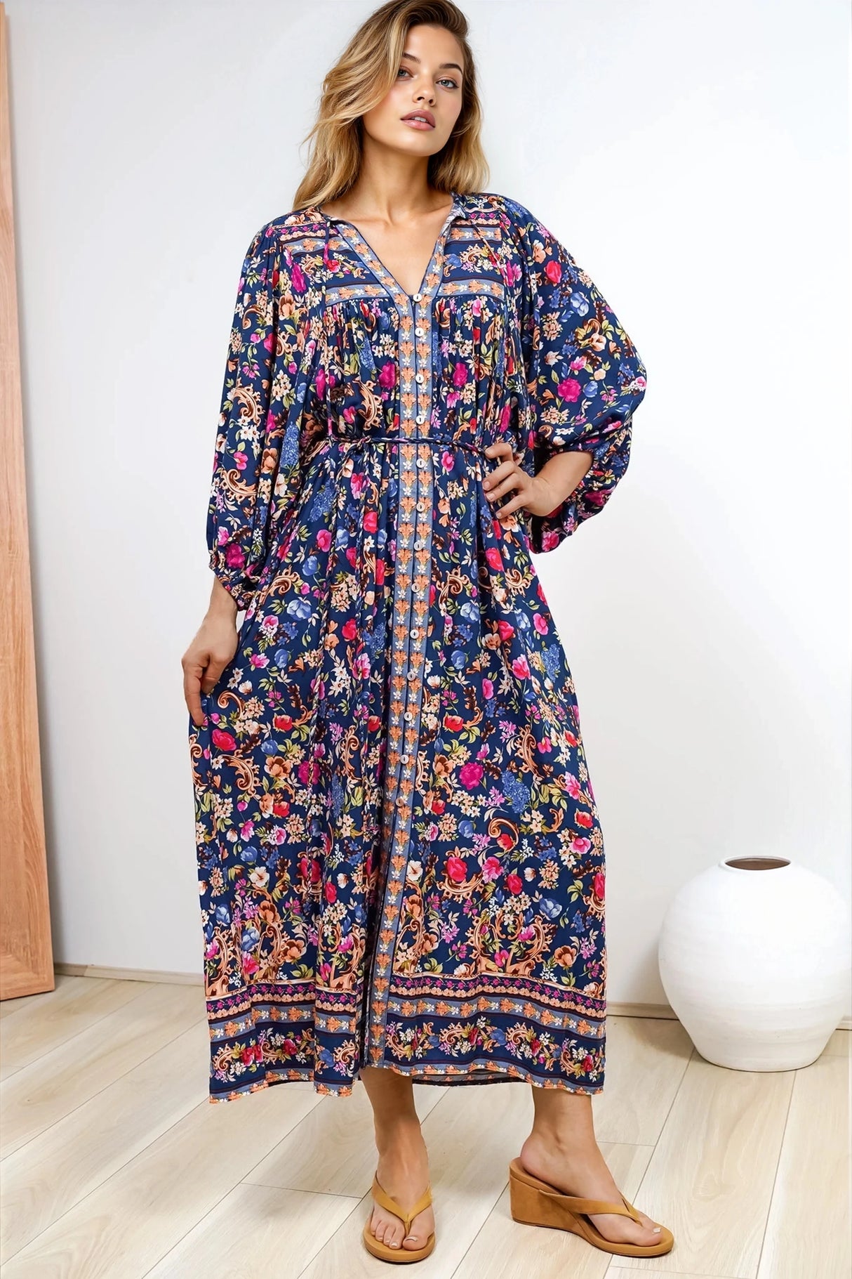 Jayla Midi Dress - Button Down Dress with Belt in Elyce Print