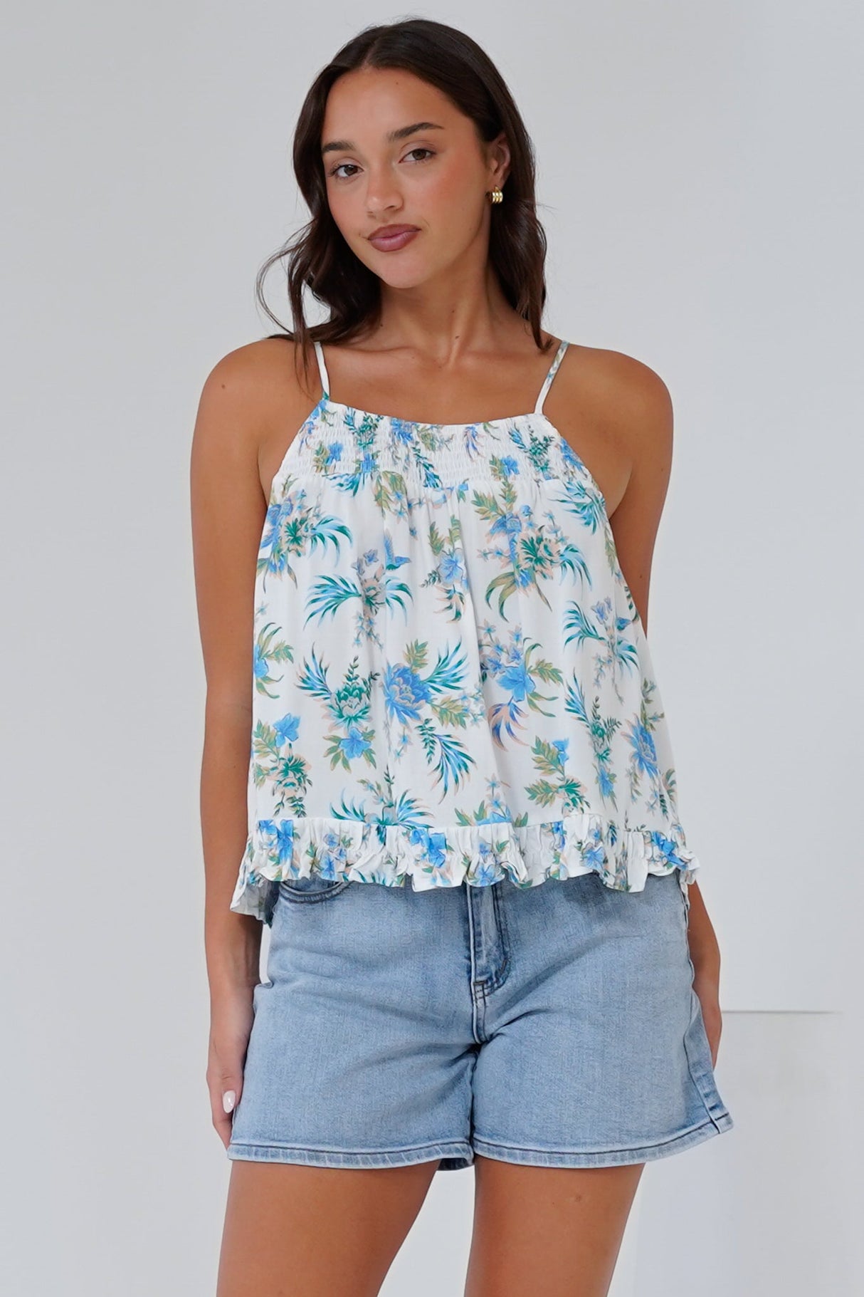 Jazzie Top - Gathered Neckline Tie Up Straps in Dudley Print